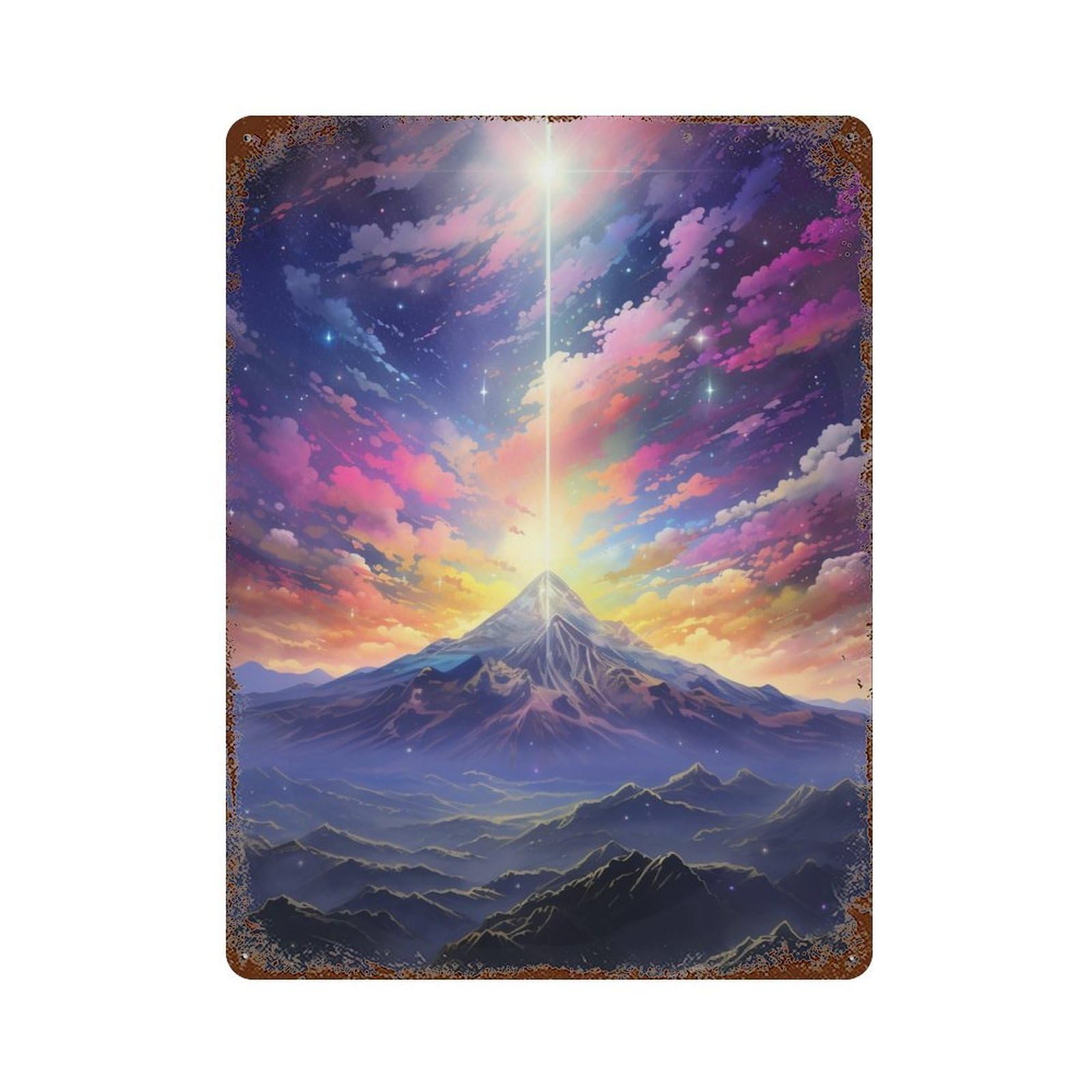 Aged Metal Wall Plaque with Mountain Peak with Star Beam Design 15.7"x11.8", for Shed, Workshop And Garage Wall Decor, Decorative Metal Wall Art