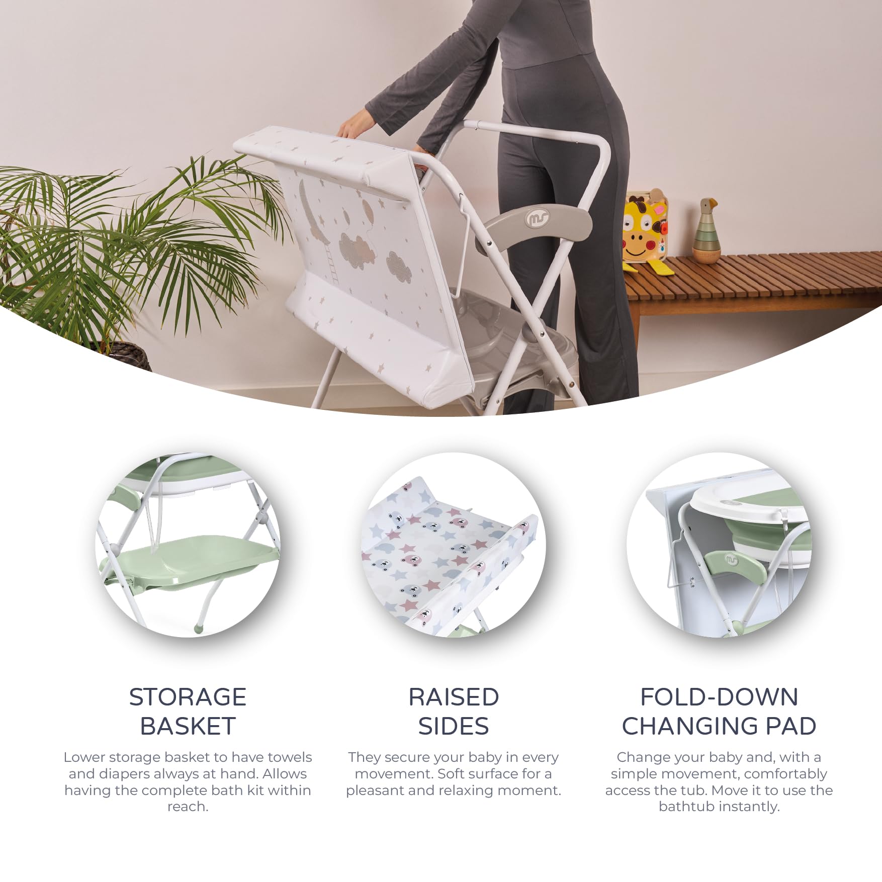 Ms BabyWorld ZOE Baby-Badewanne mit Füßen, Wickelunterlage, Reduzierkissen und Aufbewahrungskorb, bequem, leicht zu verstauen, mit Stöpsel und rutschfesten Füßen - Baby-Badewanne, faltbar und tragbar
