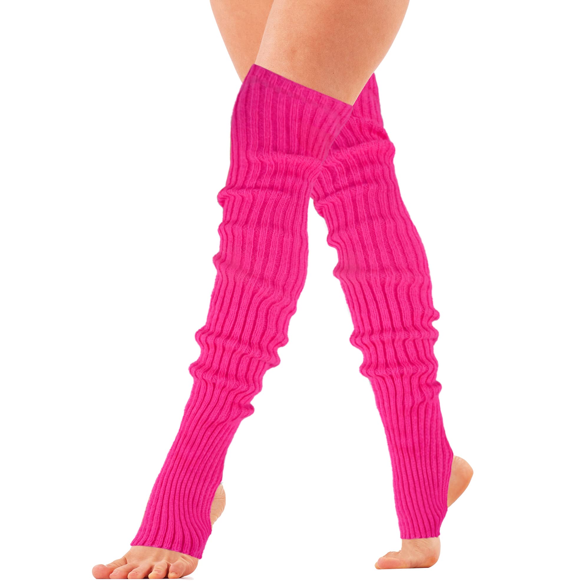 Calentadores de piernas largos de punto con estribo para mujer, por encima de la rodilla, acanalados, de neón para fiestas, bailes, deportes