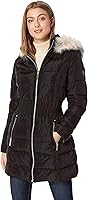 Vista 1 de Laundry by Shelli Segal Chaqueta acolchada elástica para mujer, abrigo largo de invierno con capucha de piel sintética