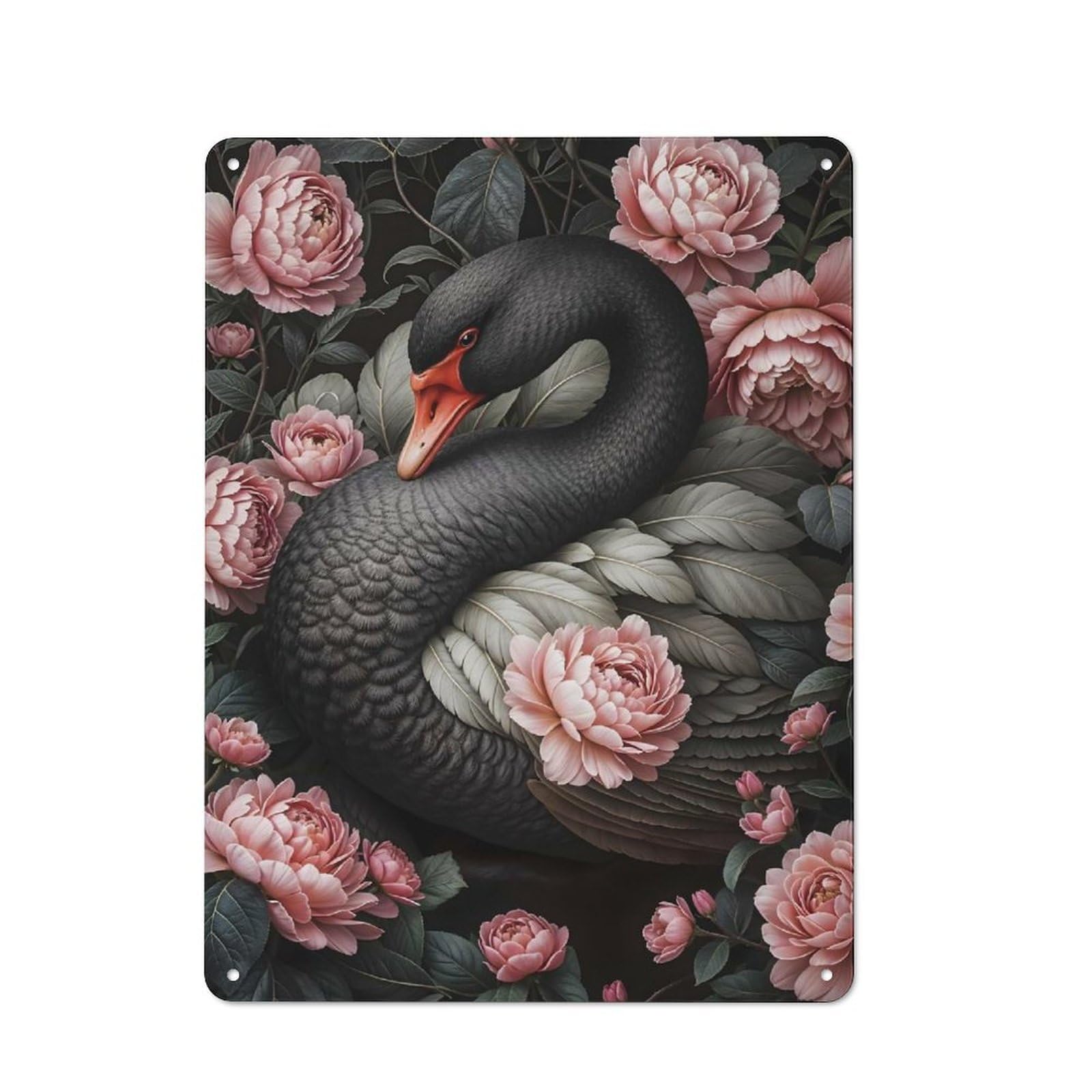 Junmoney Style-15 Black Swan And Roses Printed Metal Sign, Home Decor Sign For Garage, Shed, Workshop Or Hobby Room, Gift For Garage Fans And Workshop Owners, 40X30cm