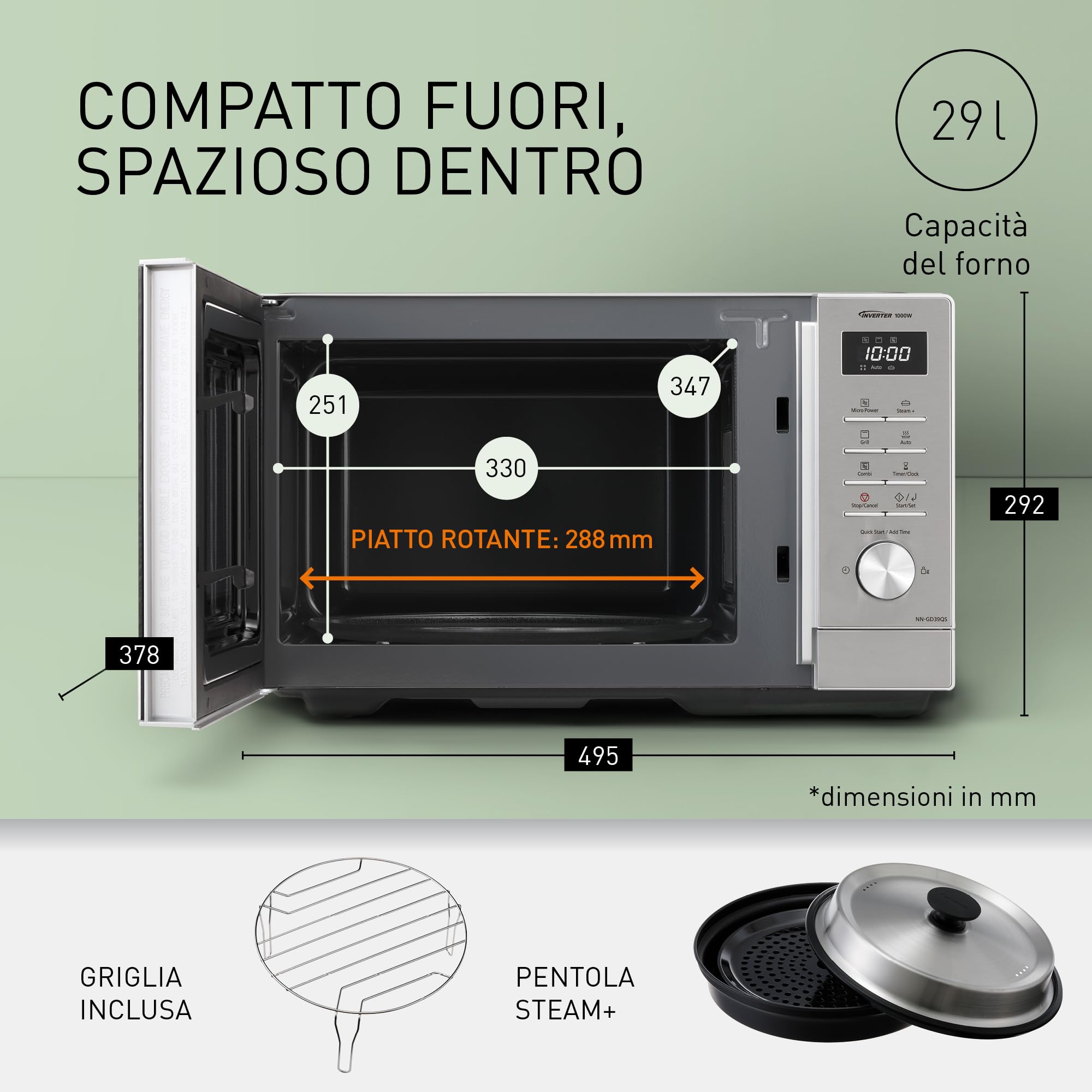 Panasonic NN-GD39QSEPG Forno a Microonde 29L con Grill e Teglia Steam+, 1000W, Auto Defrost, Cottura Combinata, Timer, Argento e Acciaio Inox