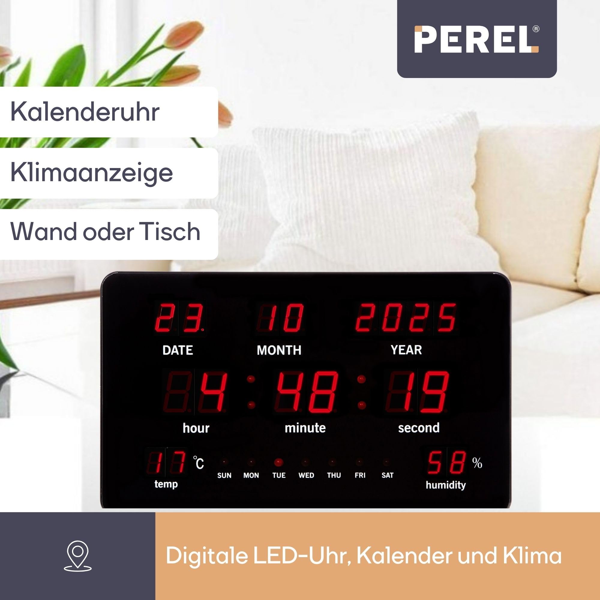 Perel Digitale Wanduhr schwarz, großes LED-Display 37.5x25.5cm, rote LEDs, Digitale Uhr mit Kalender, Zeit, Datum, Temperatur und Feuchtigkeit, Thermometer und Hygrometer, für Büro, Werkstatt und