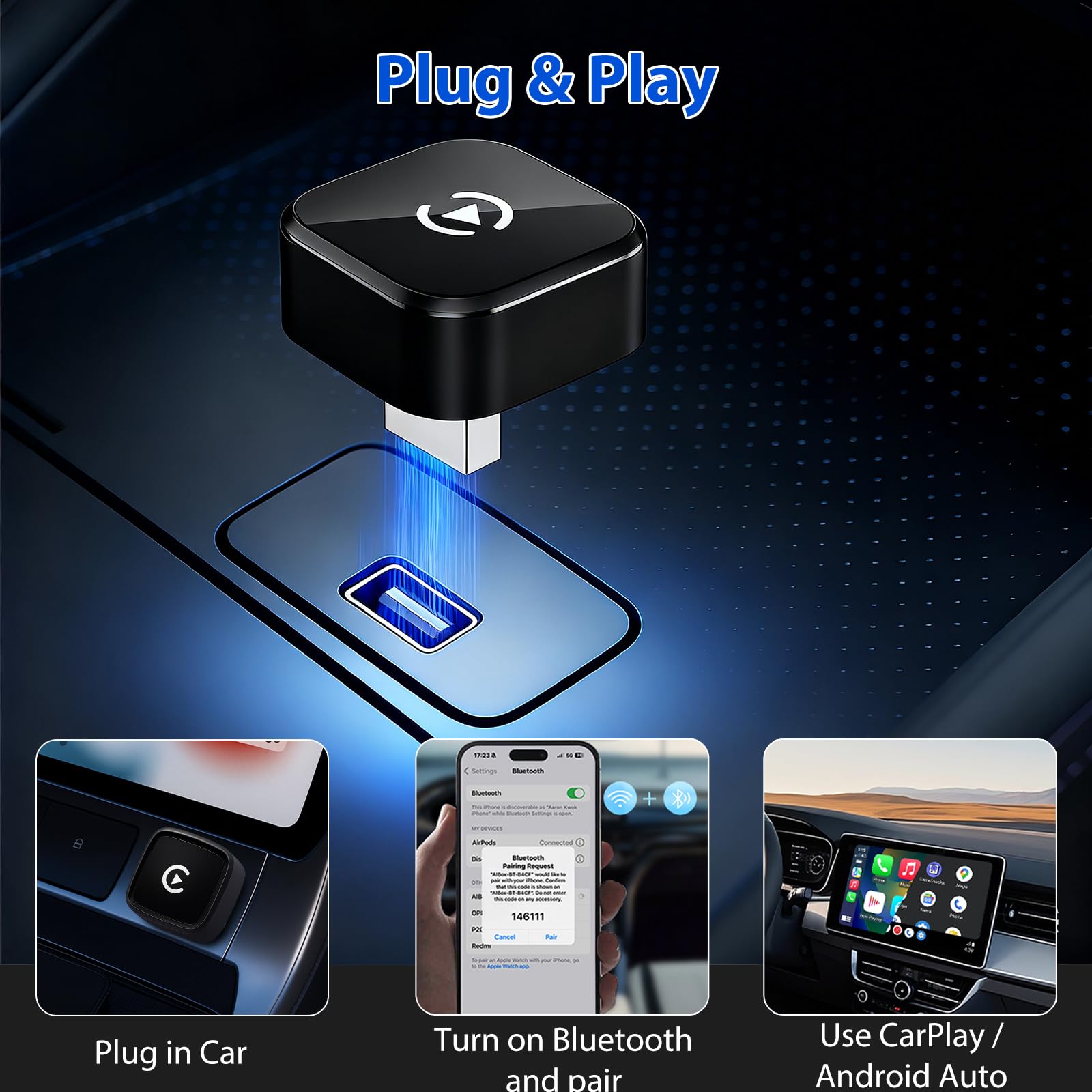 CarPlay & Android - Adattatore per auto wireless 2 in 1 USB-C/USB-A, connessione automatica rapida, convertitore plug & play per veicoli con CarPlay/Android Auto dal 2016 in poi