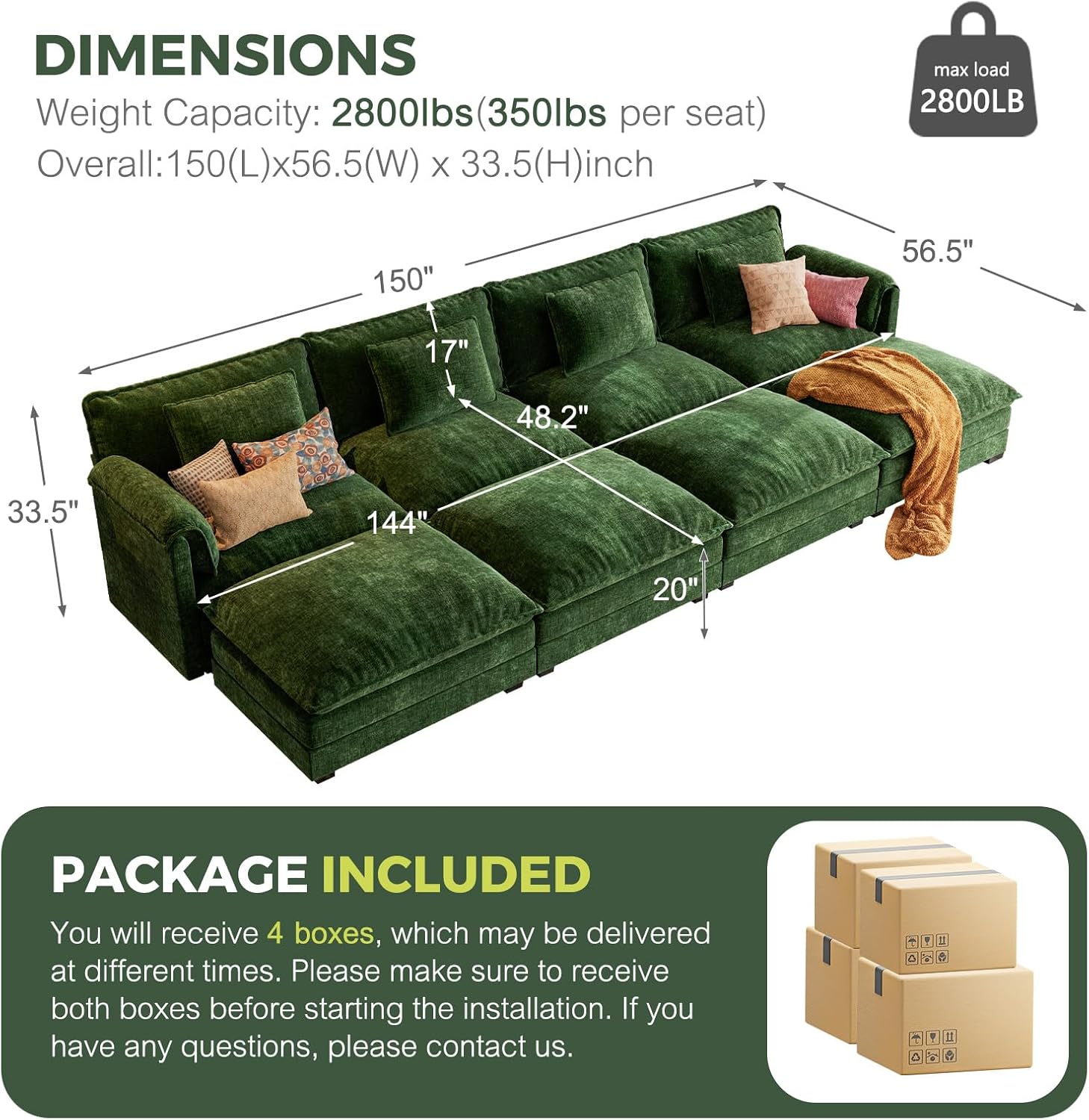 ELUCHANG 150" Oversized Modular Sectional Sofa, Comfy Deep Seat Cloud Couch, Sleeper Sofa Bed, 8 Seat Modern Couch with Removable Cover for Living Room, Apartment, DIY Combination, Chenille Green