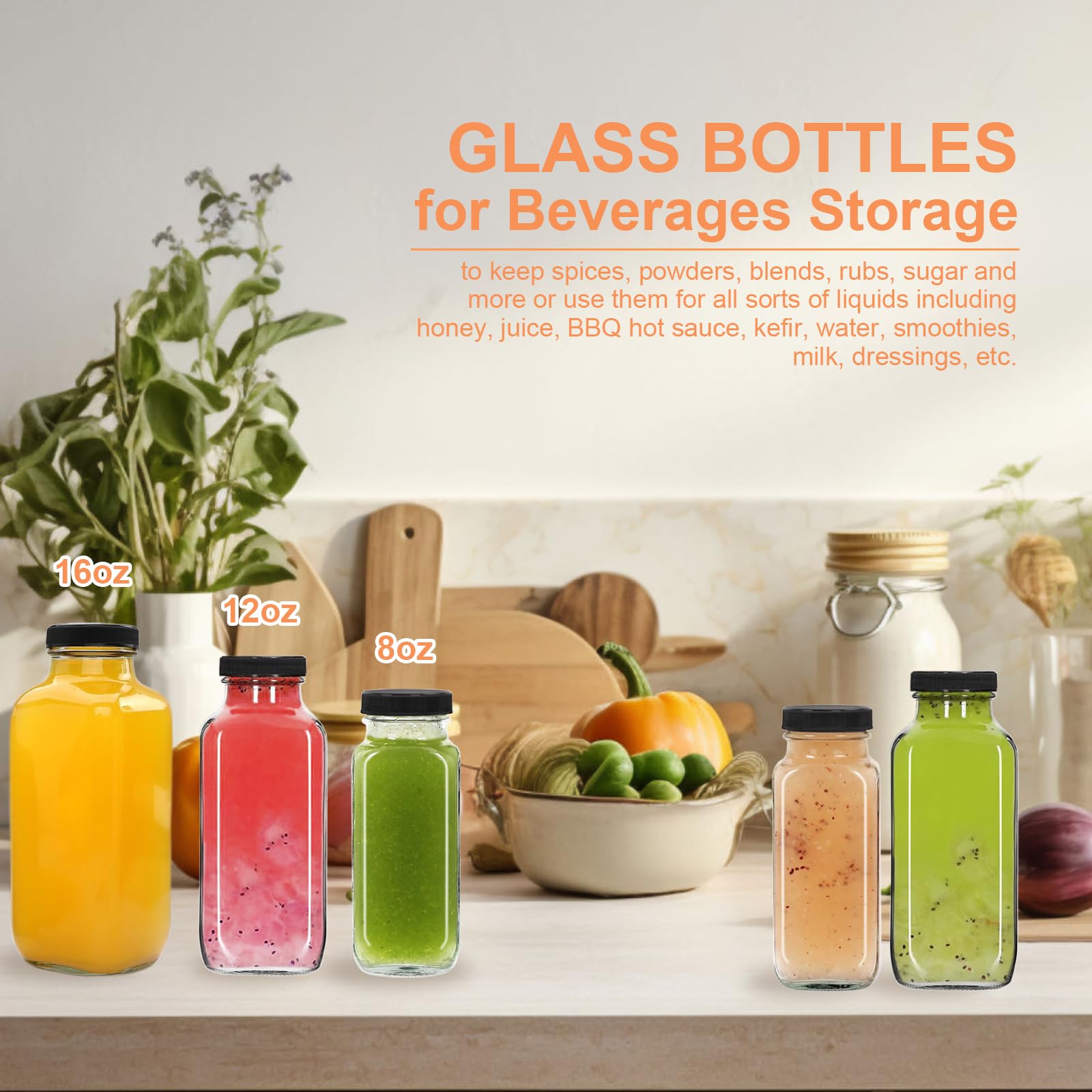 NEWMIAO Paquete de 6 botellas de jugo de vidrio de 8 onzas con tapas, botellas de agua de vidrio reutilizables de 250 ml, recipientes vacíos para bebidas con cepillo, para leche, jugos, kombucha,