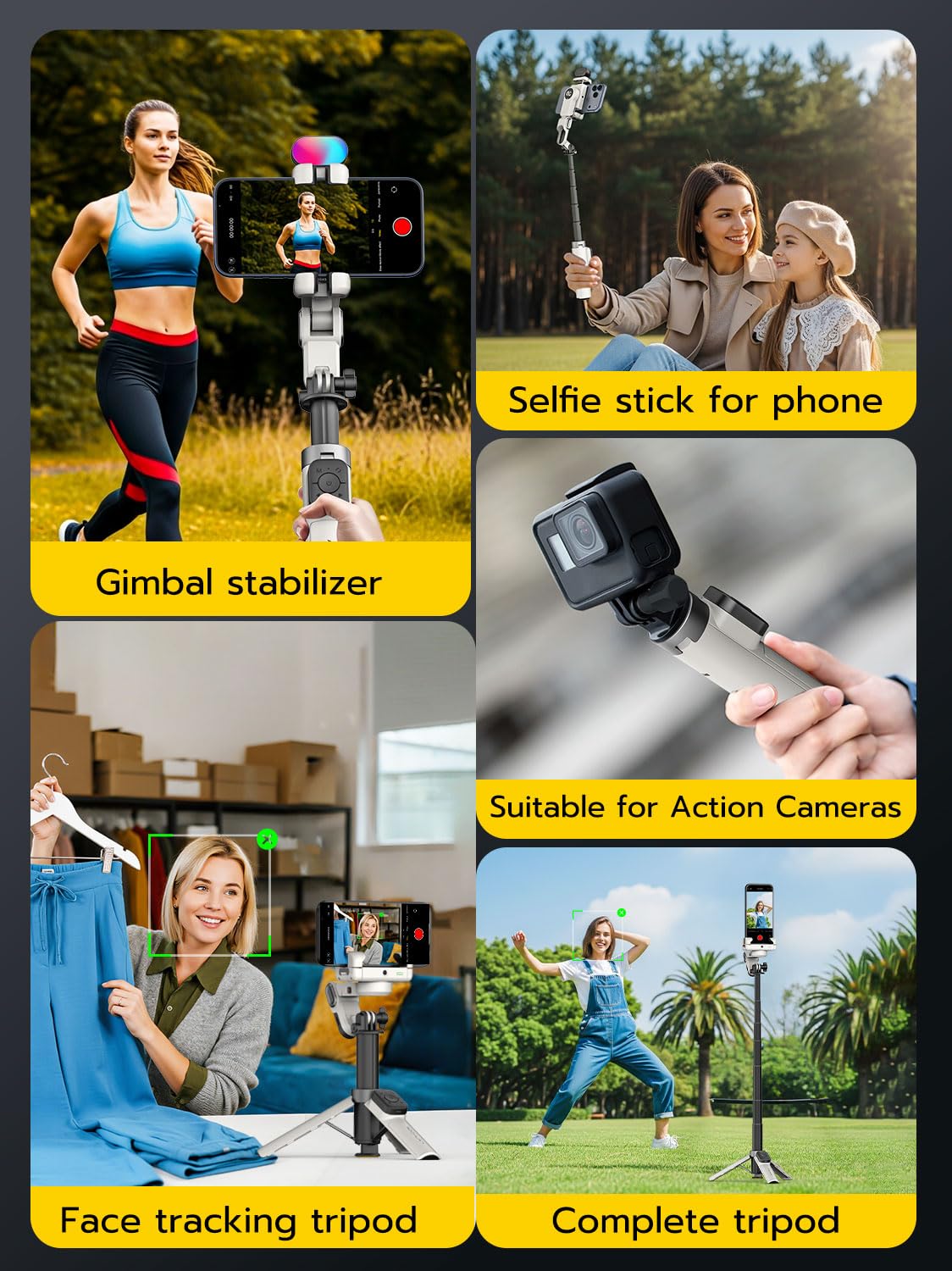 AOCHUAN Estabilizador de cardán para iPhone, cardán de teléfono 4 en 1 con rotación de 360° para trípode Andriod Sefie Stick con seguimiento automático de la cara y control remoto inalámbrico para TIK