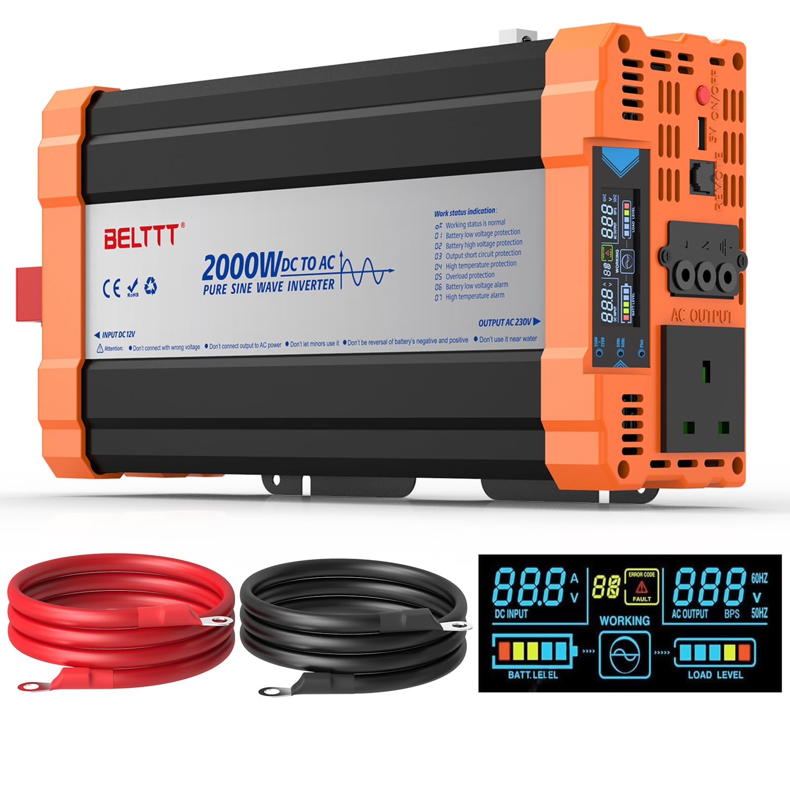 Rewing 1500W Power Inverter 12V to 230V AC Pure Sine Wave Inverter,Car Inverter DC 12v to AC 230V UK with AC Sockets Dual Car Adapter With LED Display Suitable for Travel, RV, Camping — view 11