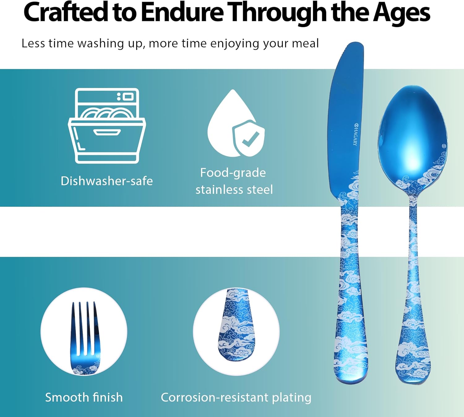 Hagary Cloud Cutlery Set 20 Pieces Stainless Steel Flatware Set Service for 4 Utensils For Home Kitchen Wedding Laser Engraved Dishwasher Safe All Blue