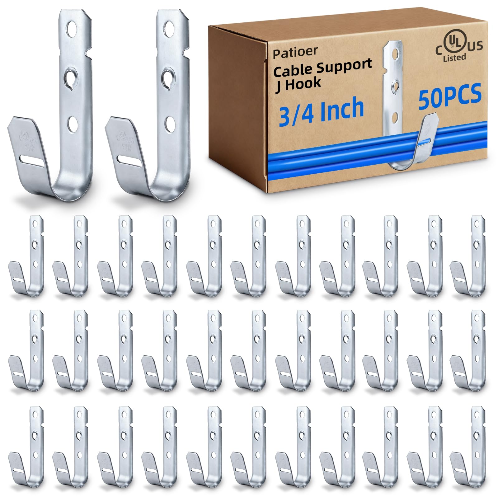 Crochets en J pour câble de 1,9 cm lot de 50 supports muraux en acier galvanisé