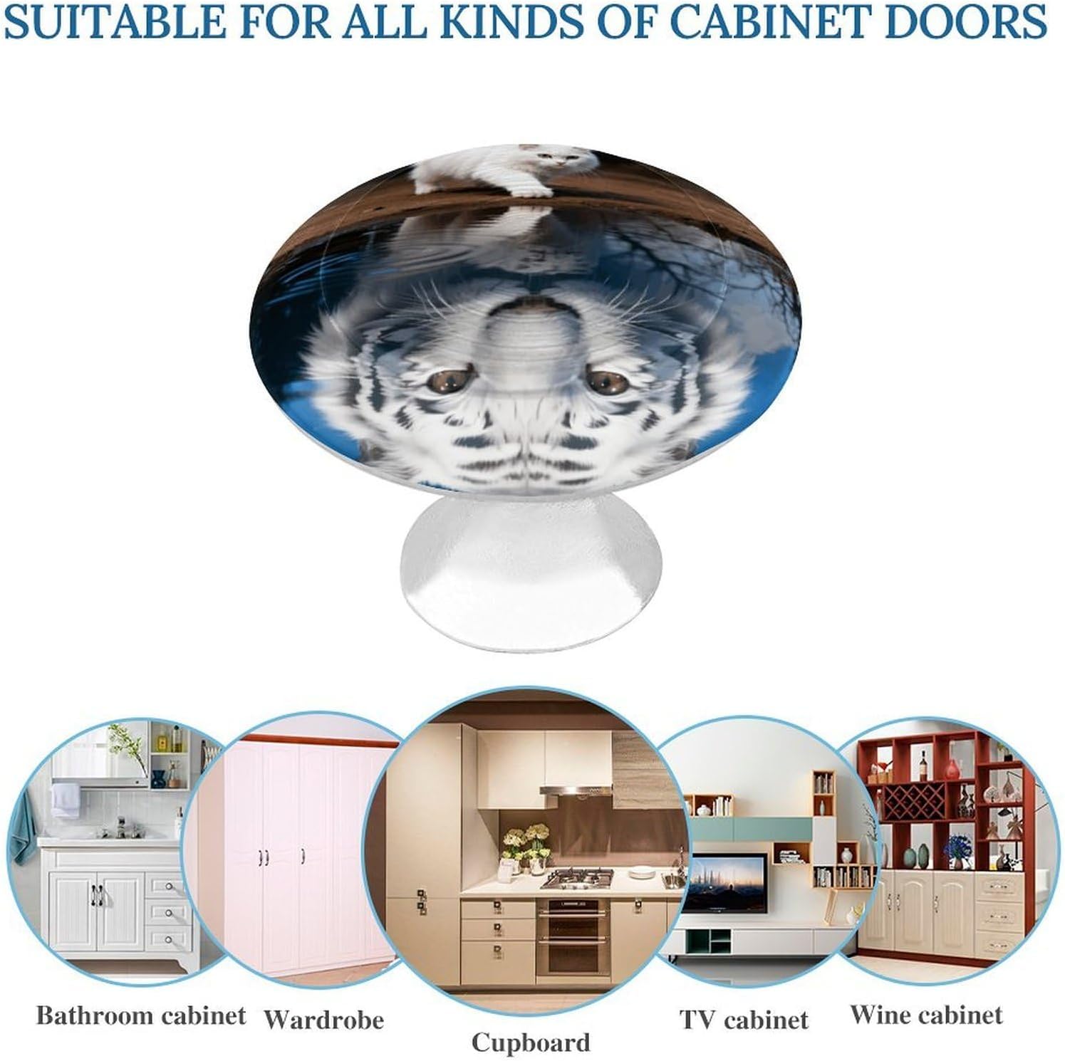 2 Pack Cabinet Knobs,Decorative Drawer Pulls, White Cat Mirror Image Tiger image 3