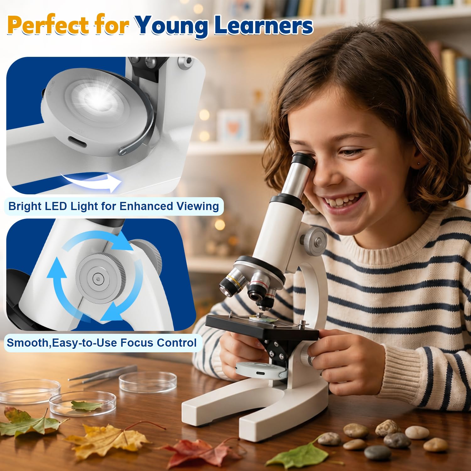 Microscopio compuesto 40X-2000X para niños y adultos: microscopio biológico con diapositivas y estuche de almacenamiento, kit educativo de ciencia de laboratorio escolar para estudiantes principiantes