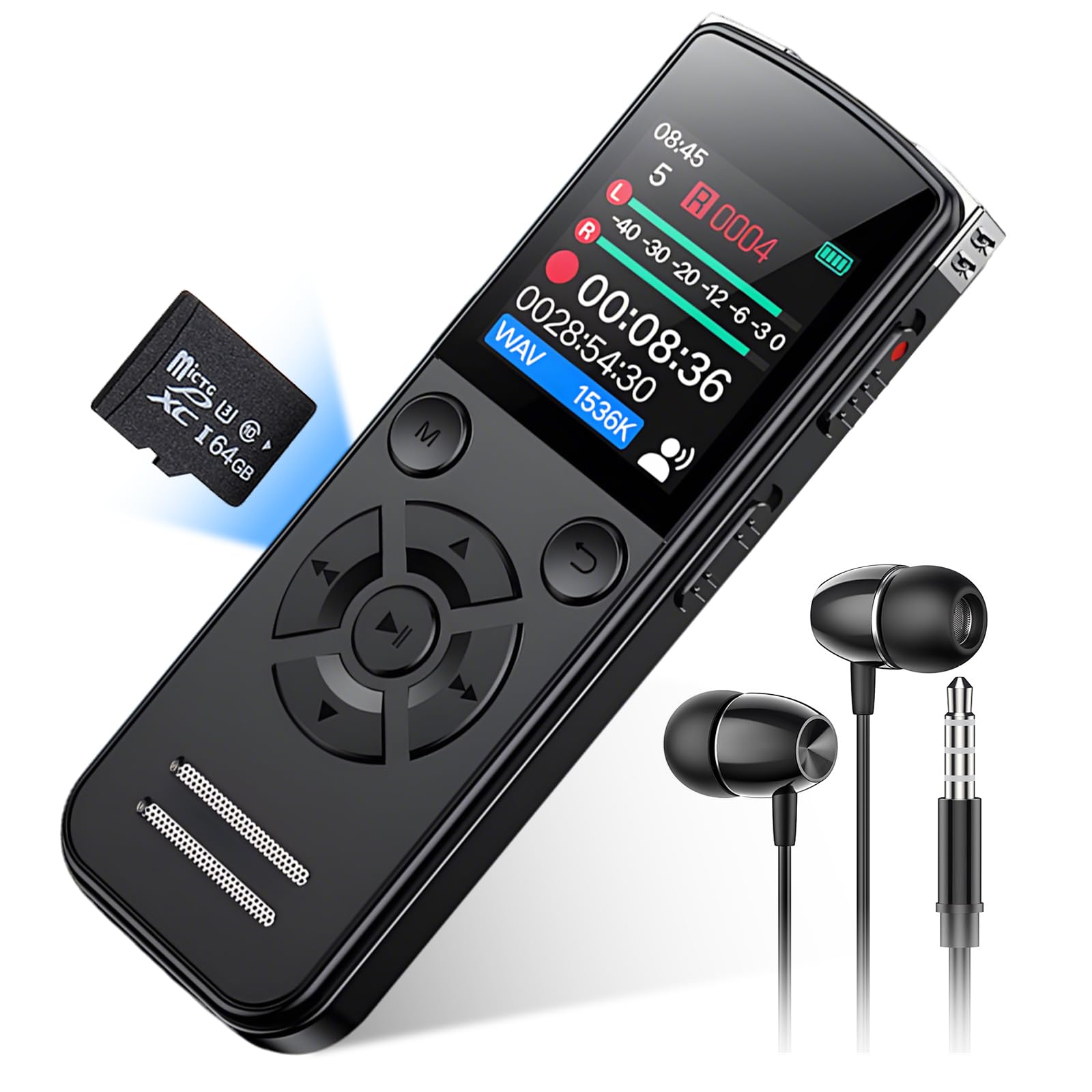 64GB Diktiergerät Digital, 1536 Kbps Digital Voice Recorder, Diktiergerät Aufnahmegerä mit Playback, USB-C Audioaufnahmegerät mit Rauschunterdrückung für Studie Arbeit Meetings Interviews