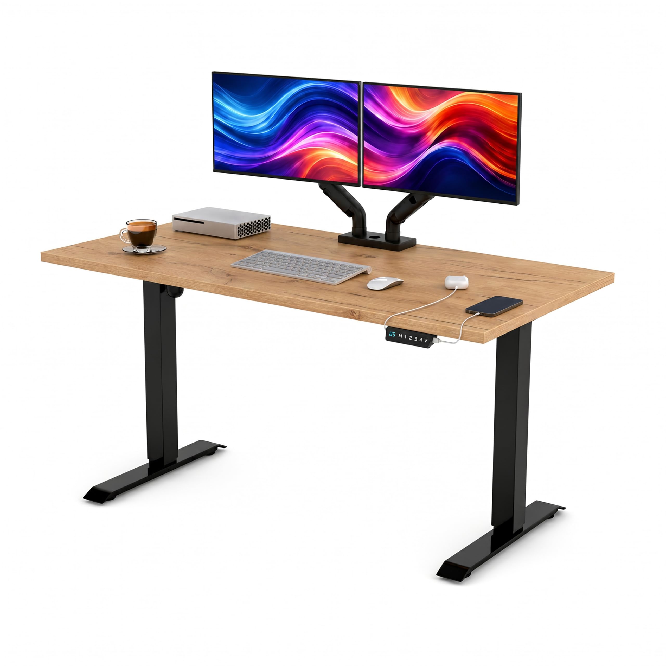 POKAR Scrivania Regolabile in Altezza Elettrica 160x80 cm | Piano Massiccio 25mm | Pannello Memory, USB-C e USB-A | Scrivania Motorizzata per Smart Working | Telaio Nero, Piano Quercia Craft Oro
