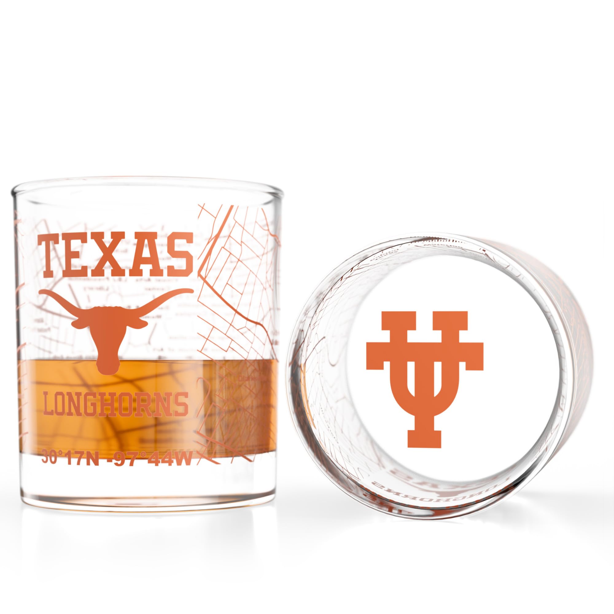 Greenline Goods – University of Texas Longhorns College Whiskey Glasses (Set of 2), 10 oz – Full-Color Logo + Campus Map