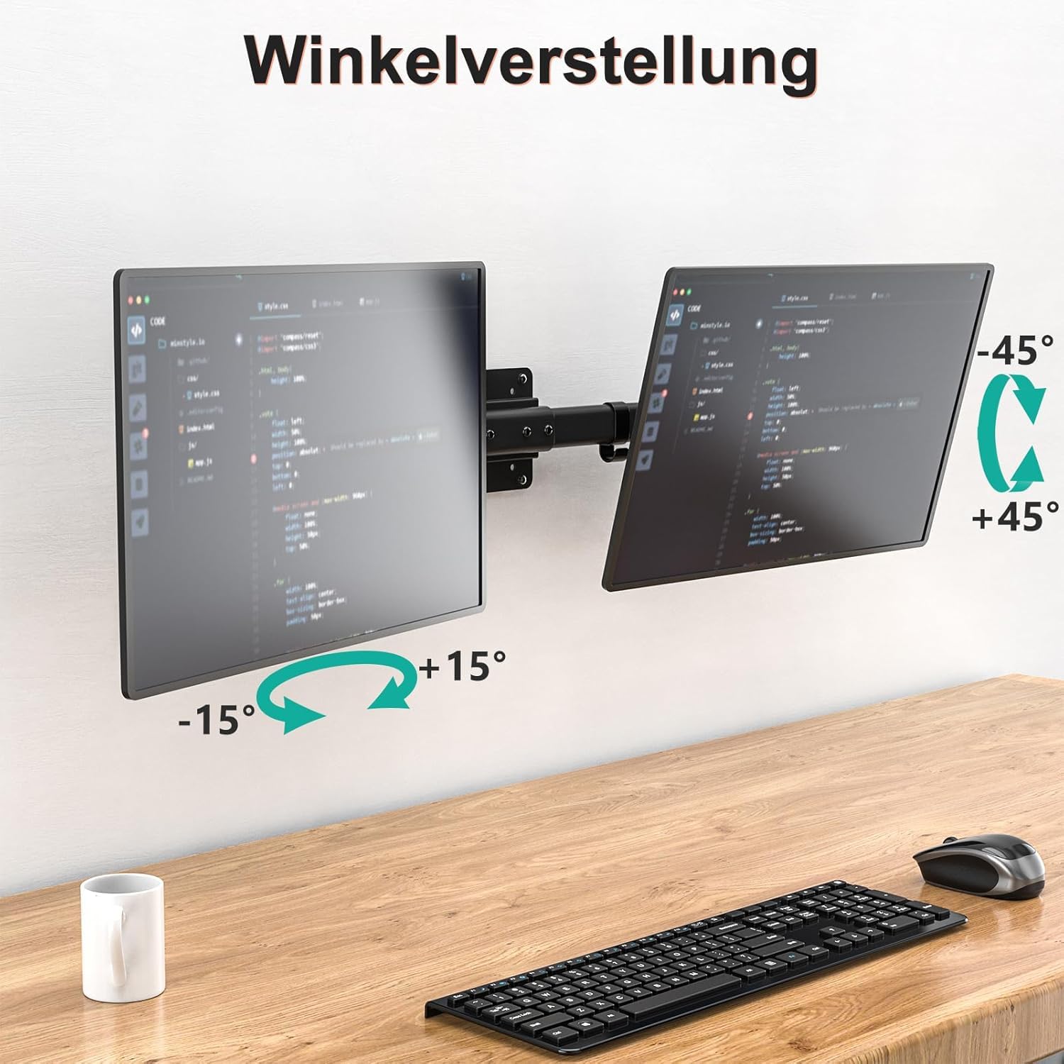 WALI Dual Monitor Wandhalterung,Monitor WandHalterung 2 Monitore bis 27 Zoll-Schwenkbar & Neigbar,VESA 75x75/100x100mm (012ARM),Schwarz
