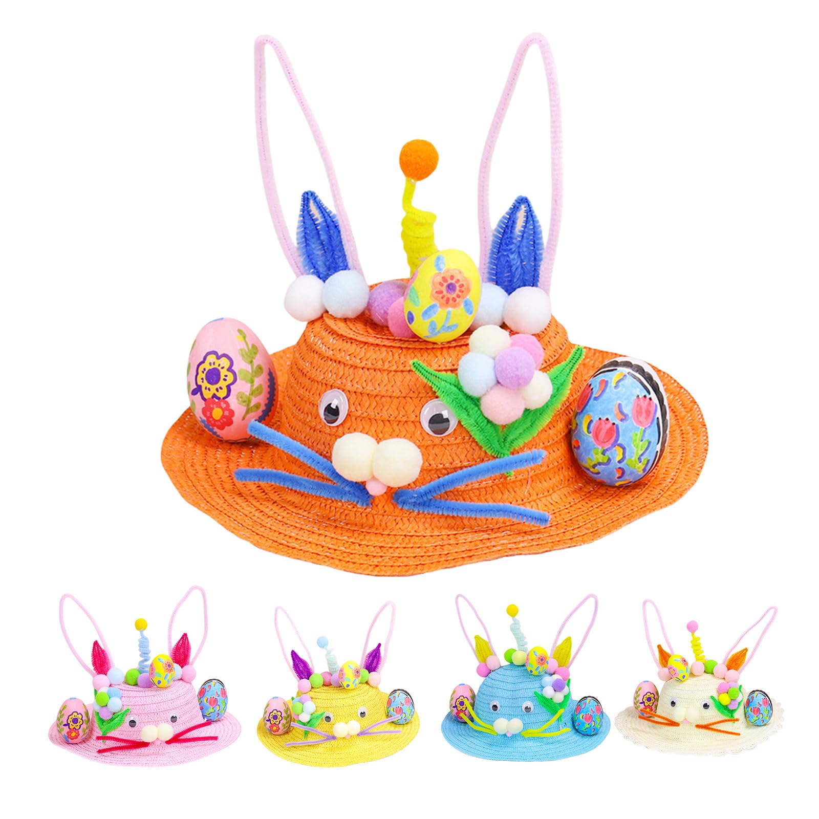 Mienocol Orange Easter Bonnet Kit,DIY Handmade Hat for Kids Boys Girls Gifts,Make Your Own Bonnet Hat Craft Set including Bunny Eggs Decorations DIY Handmade Game for Easter Party Kindergarten Favors