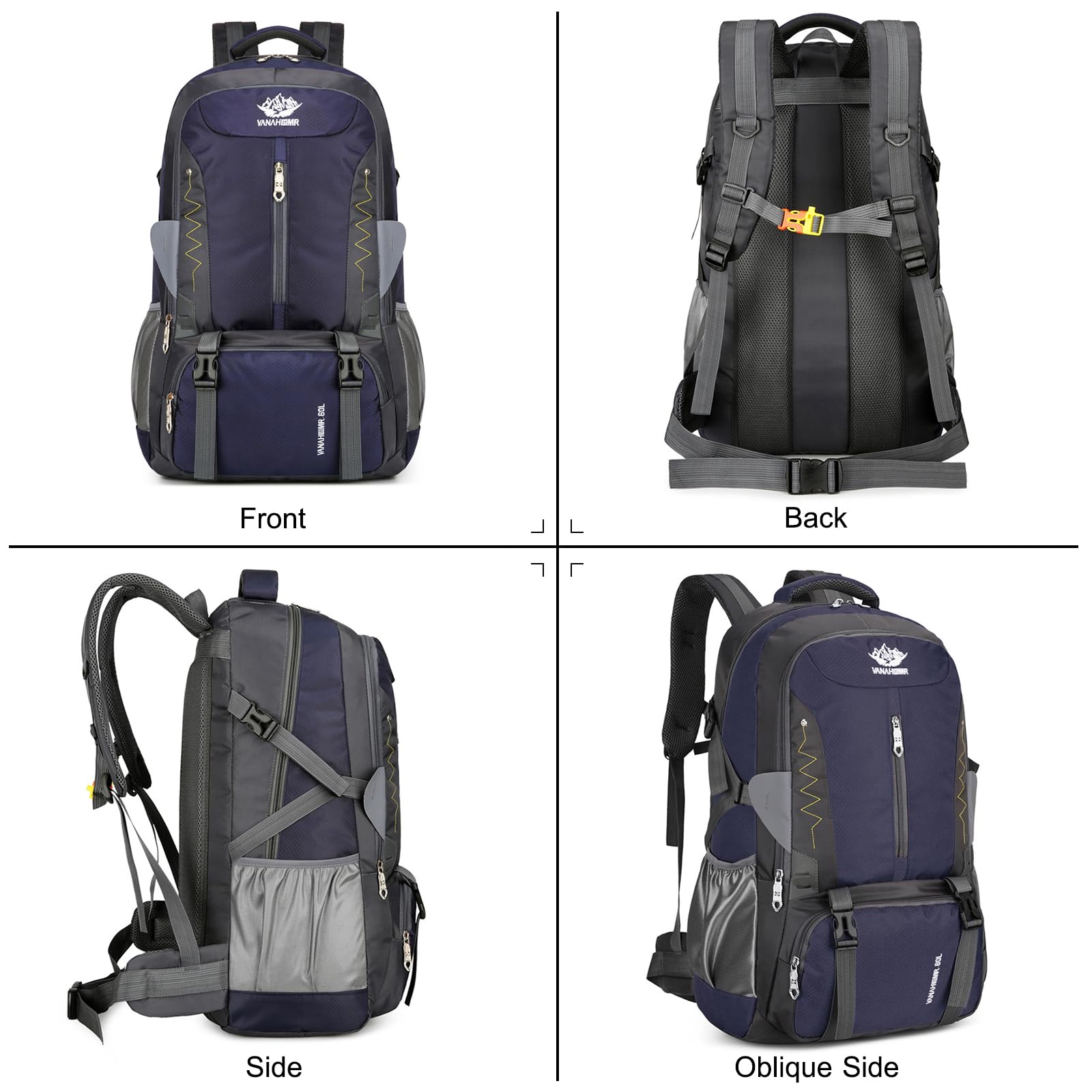 60L Zaino da Trekking Zaino Impermeabile Zaini Hiking Backpack per Donna Uomo Campeggio Arrampicata Viaggio Sport Nero