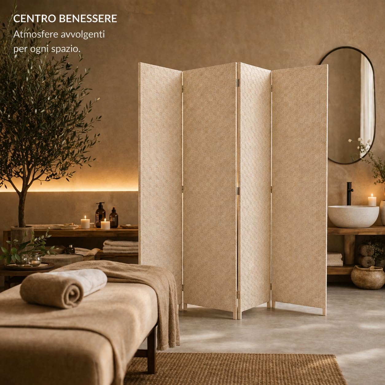 Separè da Interno 4 Pannelli 180X180h CM - Divisorio per Ambienti, in Plastica, Struttura in Legno, Motivo Intrecciato, Autoportante, per Soggiorno, Ufficio, Camera, Pieghevole - (Beige)