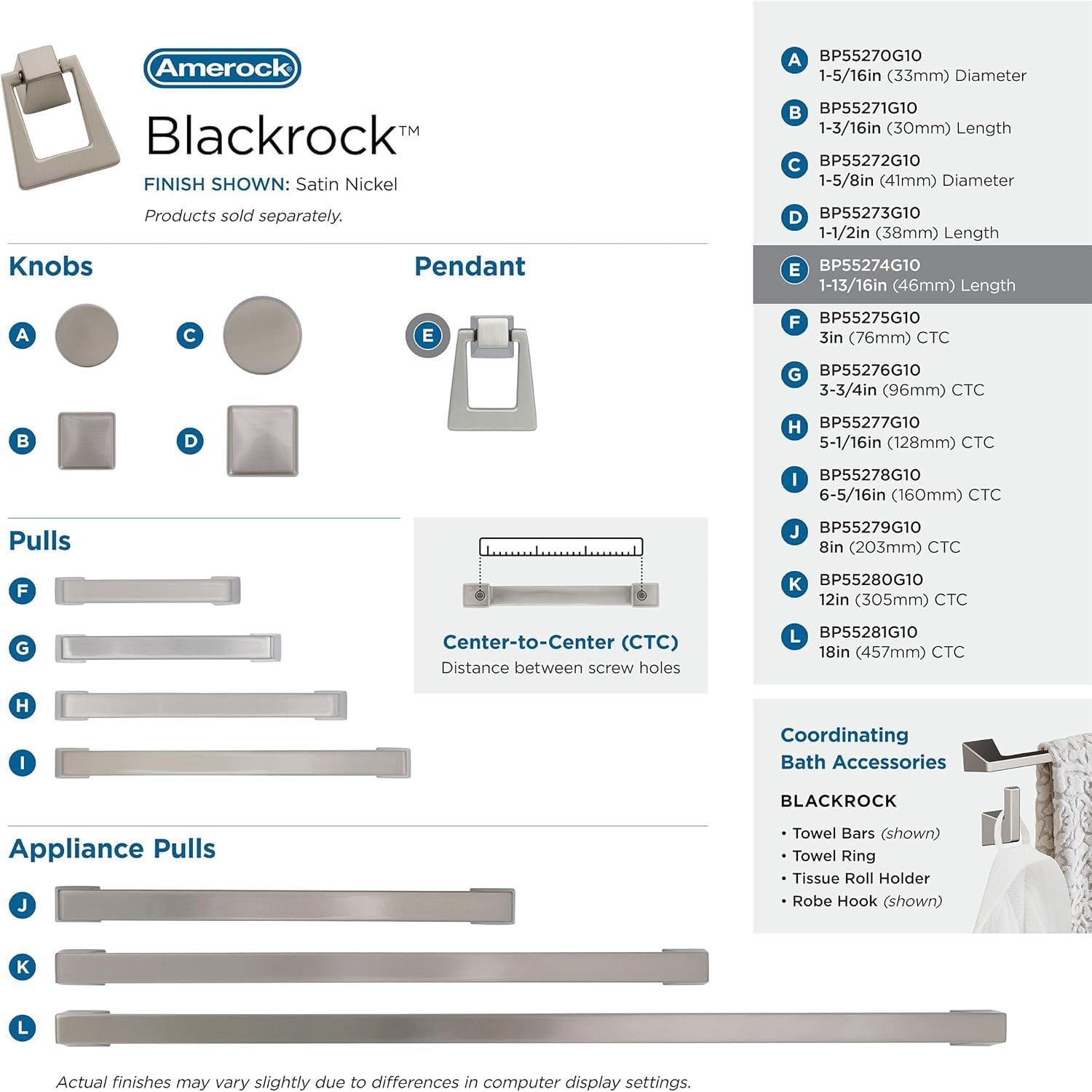 Amerock | Cabinet Pendant | Satin Nickel | 1-13/16 inch (46 mm) Length | Blackrock | 1 Pack | Cabinet Knob | Drawer Knob | Cabinet Hardware