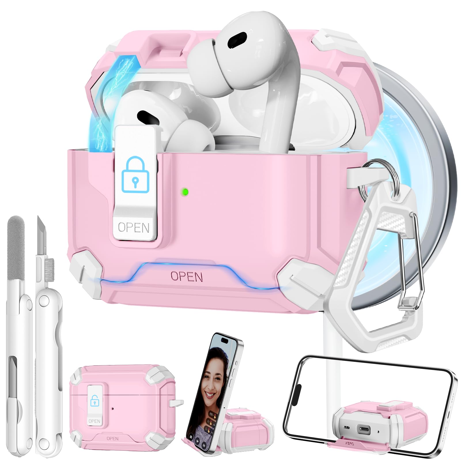 for AirPods Pro 2 Case with Secure Lock & Phone Stand, Compatible with MagSafe, Pink Cover for Apple AirPods Pro 2nd/1st Generation, Shock Protective Airpod Cases with Cleaner, Keychain, Auto-Open