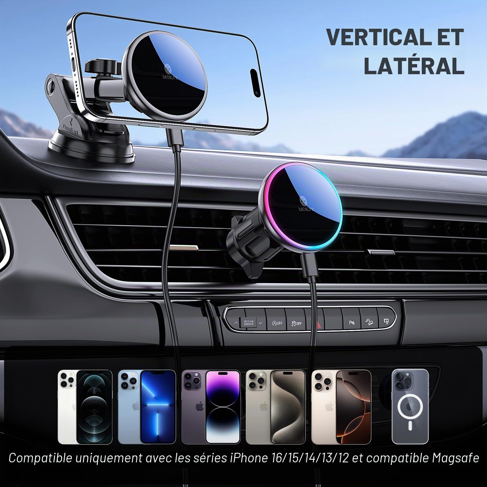 MOKPR 15w Support Téléphone Voiture pour Magsafe Induction Chargeur Support de Voiture Magnétique téléphone Portable Magnétique avec Fonction de Charge pour iPhone 17/16/15/14/13/12 (Noir)