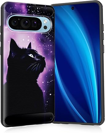 for Pixel 7 Case,Slim Thin Silicone Soft Flexible TPU Brushed Black Anti-Scratch Shockproof Protective Cover for Google Pixel 7,Black Cat in Starry Night