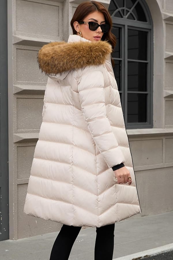 PAPILLON D'OR Women's Long Puffer Coat with Detachable Faux Fur Collar Hood Fleece-Lined Pockets Ribbed Cuffs Winter Jacket (US, Alpha, Small, Regular, Regular, Pink-Beige) by PAPILLON D'OR WEAR YOUR WINGS - Image 6