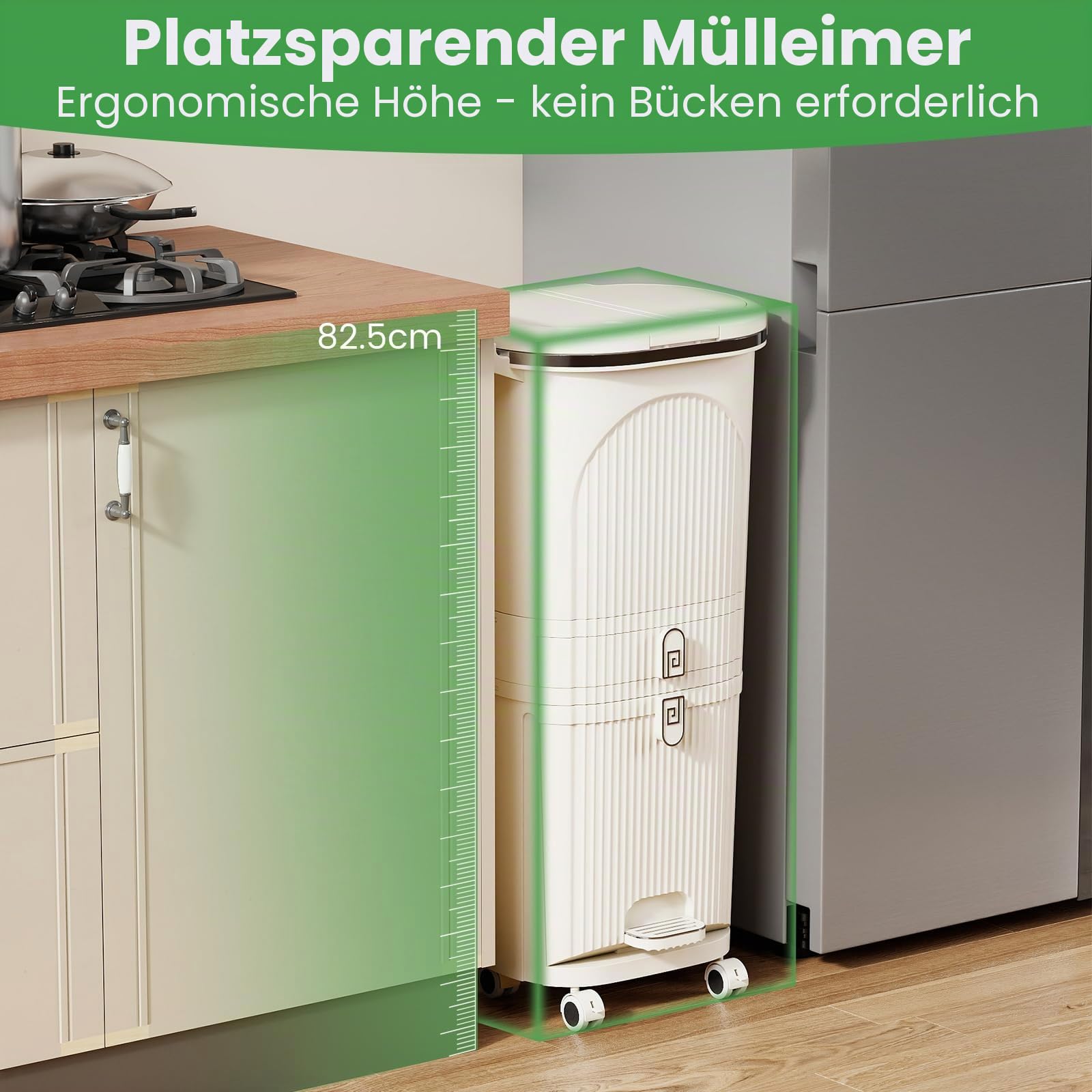 GIANTEX Mülleimer Küche 42 L, Mülltrennsystem 3 Fächer & Schublade, Abfalleimer mit Rollen, Küchenmülleimer Küchenabfalleimer mit Doppeldeckel & Pedal, Tretmülleimer für Küche 43x29x82,5 cm, Cremeweiß