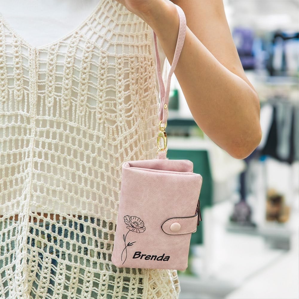 Custom Wallets For Women Tri-fold Personalized Engraved Name Leather Wallet For Mom Small Birth Flower Wallet With Wrist Strap Credit Card Holder Purse Gifts For Girls 6 Colors - Image 2