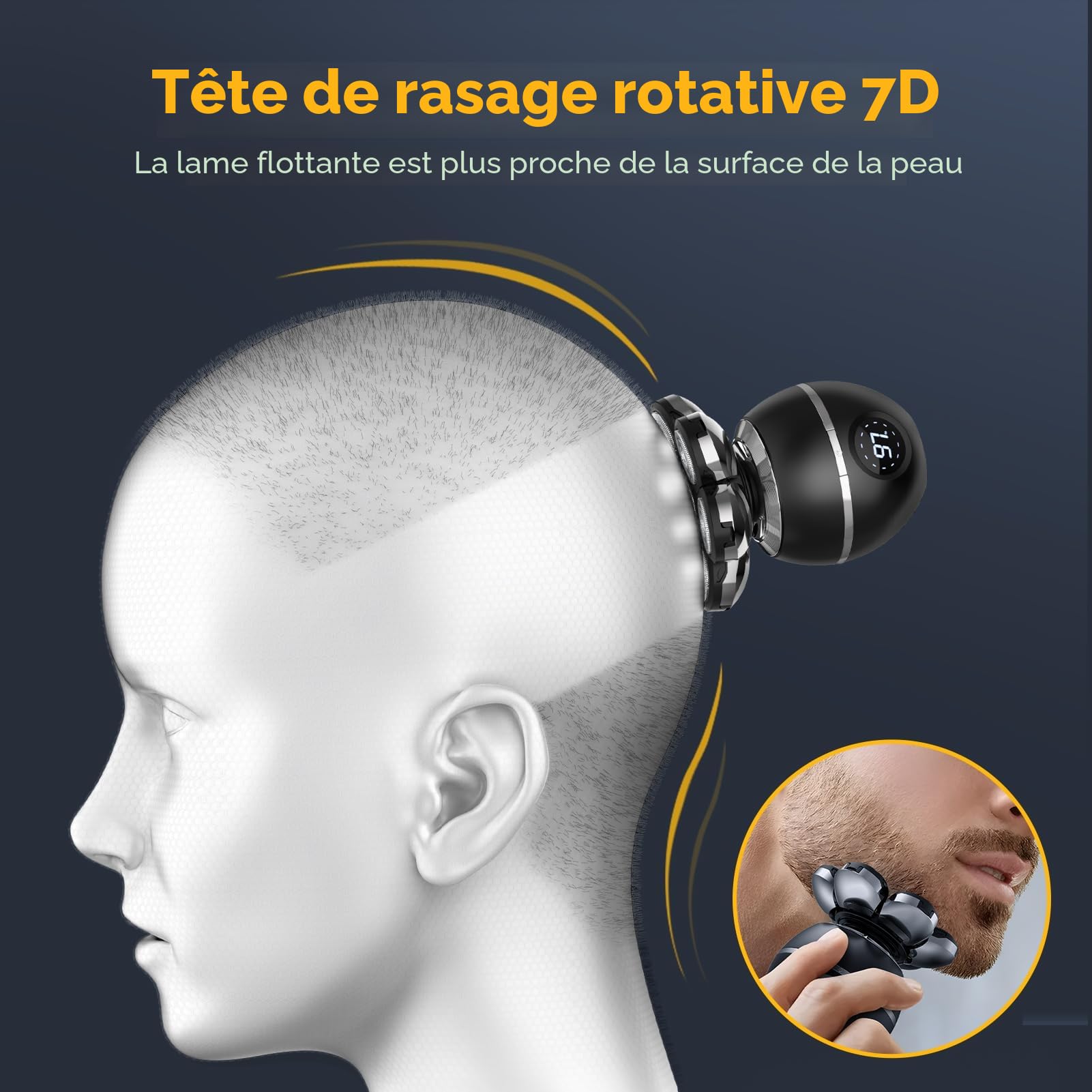 ETENTOUS Rasoir Tete Chauve Homme, 7D Rasoir Électrique Homme- 6 en 1 Tondeuse Crane Chauve- Humide/Sec Étanche IPX7 pour Hommes Chauves avec Écran LED.