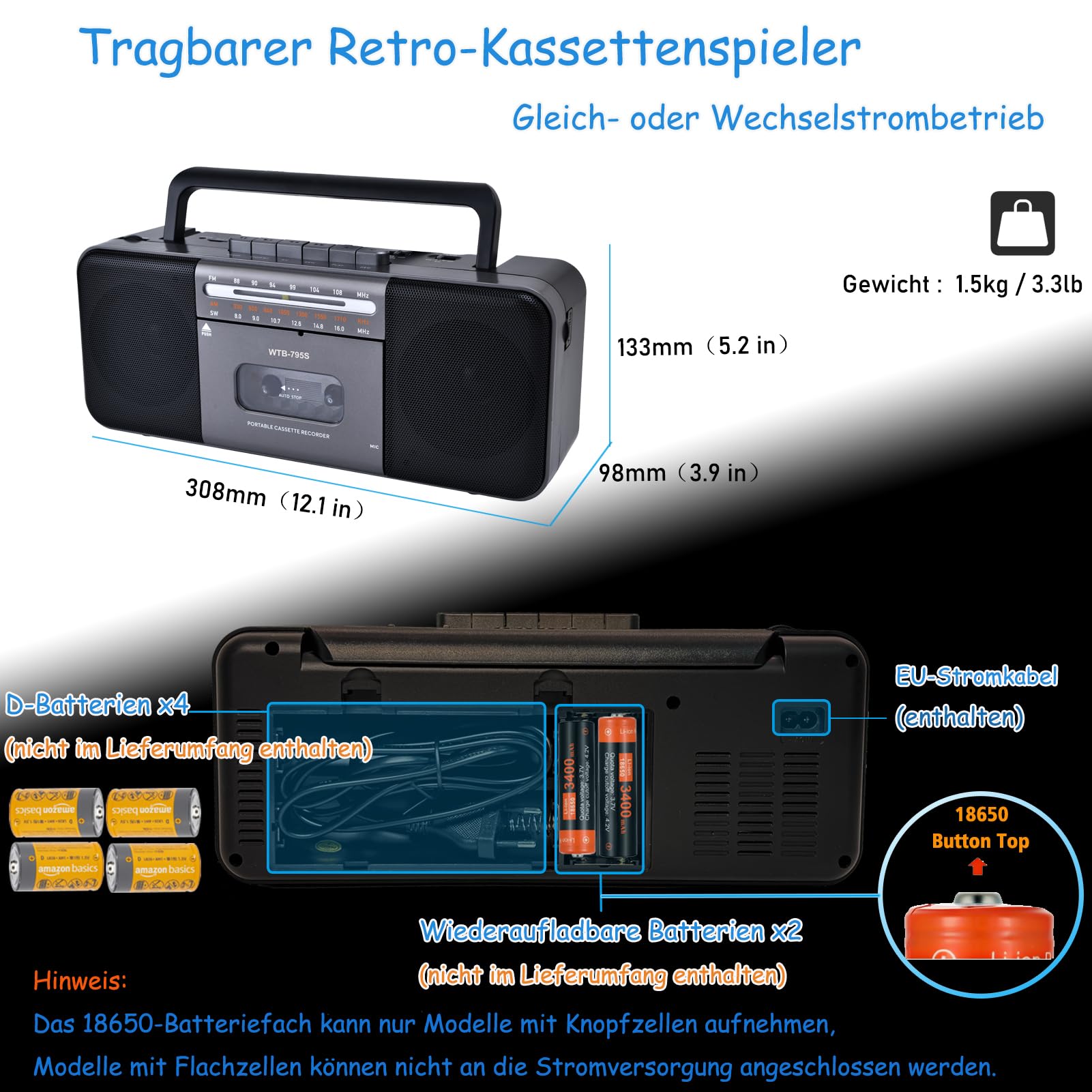 Boomboxen Tragbarer Kassettenrekorder mit AM/FM/SW-Stereoradio, Bluetooth, Aufnahme auf Kassette/USB/SD über Mikrofon, Kassette-zu-MP3-Konverter, 10-W-Lautsprecher, AC/DC-Stromversorgung