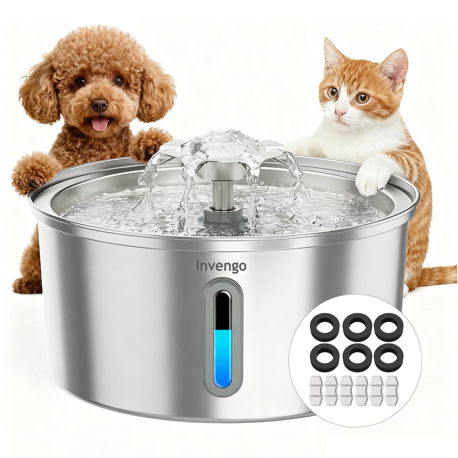 Cat Water Fountain Stainless Steel 3.2L/108oz, Invengo Automatic Pet Fountain for Cats &amp; Dogs, Ultra Quiet <25 dB Pump, Includes 6 Replacement Filters &amp; Sponges, LED Water Level Window, Easy to Clean