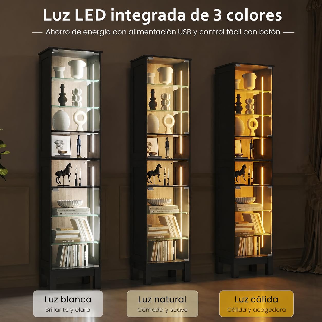 ZKIODV 180cm Vitrina de Cristal LED, Estrecha Armario Vitrina con 8 Estantes, Puerta de Vidrio Templado, Balda Ajustable y Desmontable, Moderna Vitrina para Salón Baño (Negro)