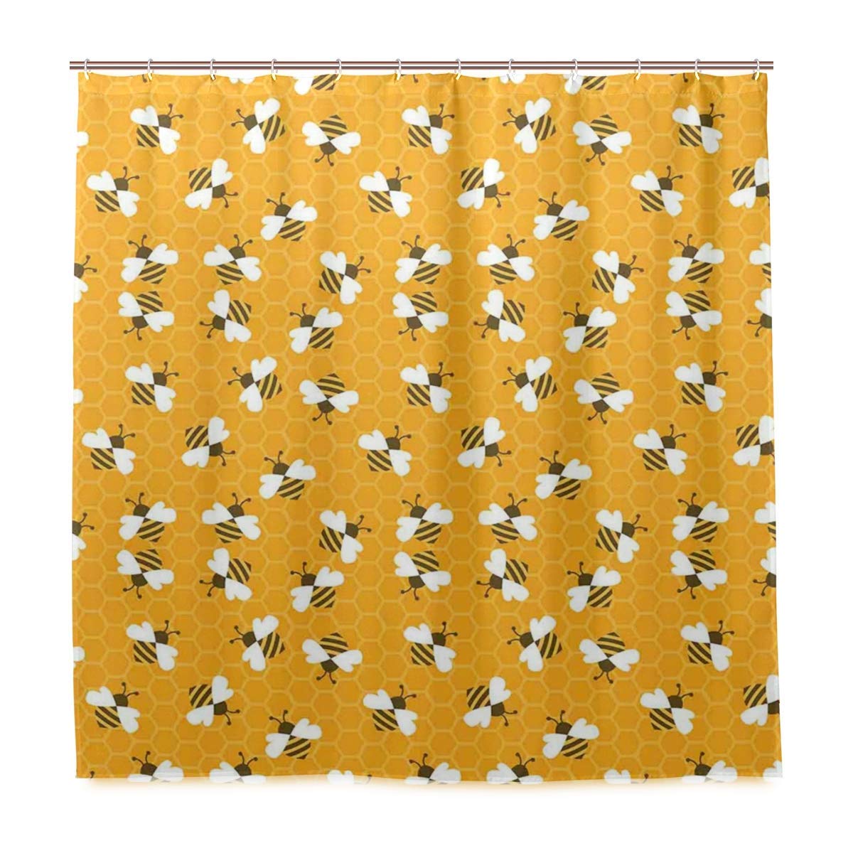 JOOCAR Design Shower Curtain, Bumble Bees Producing Honey by Filling Honeycombs Cells Themed Graphic Image, Waterproof Cloth Fabric Bathroom Decor Set with Hooks