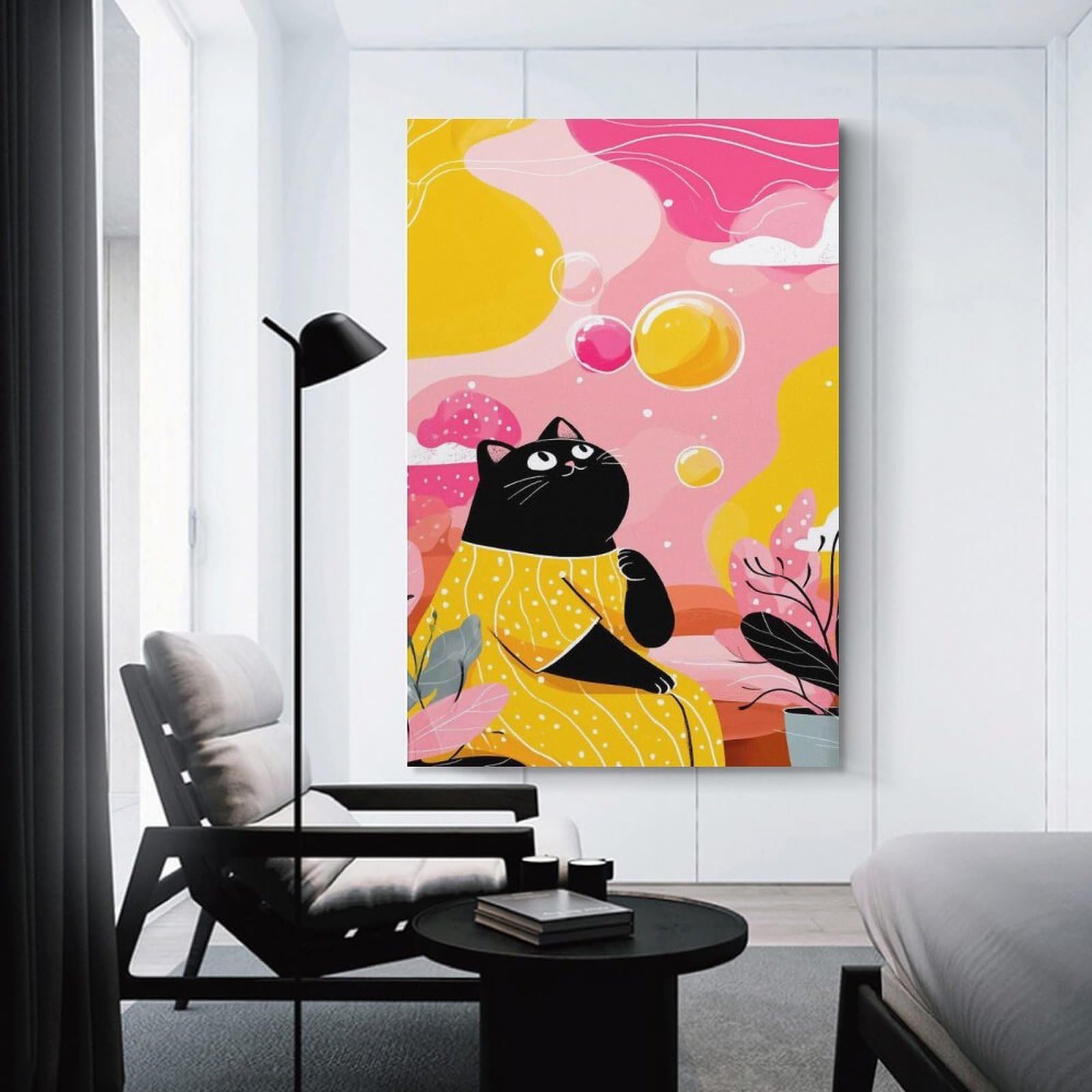 Junmoney Unframe-Style-19 Black Cat With Bubbles Illustration Room Decor Wall Art, 20X30inch(50X75cm), For Hallway, Lounge Or Guest Room, Gift Idea For Housewarming And Birthdays