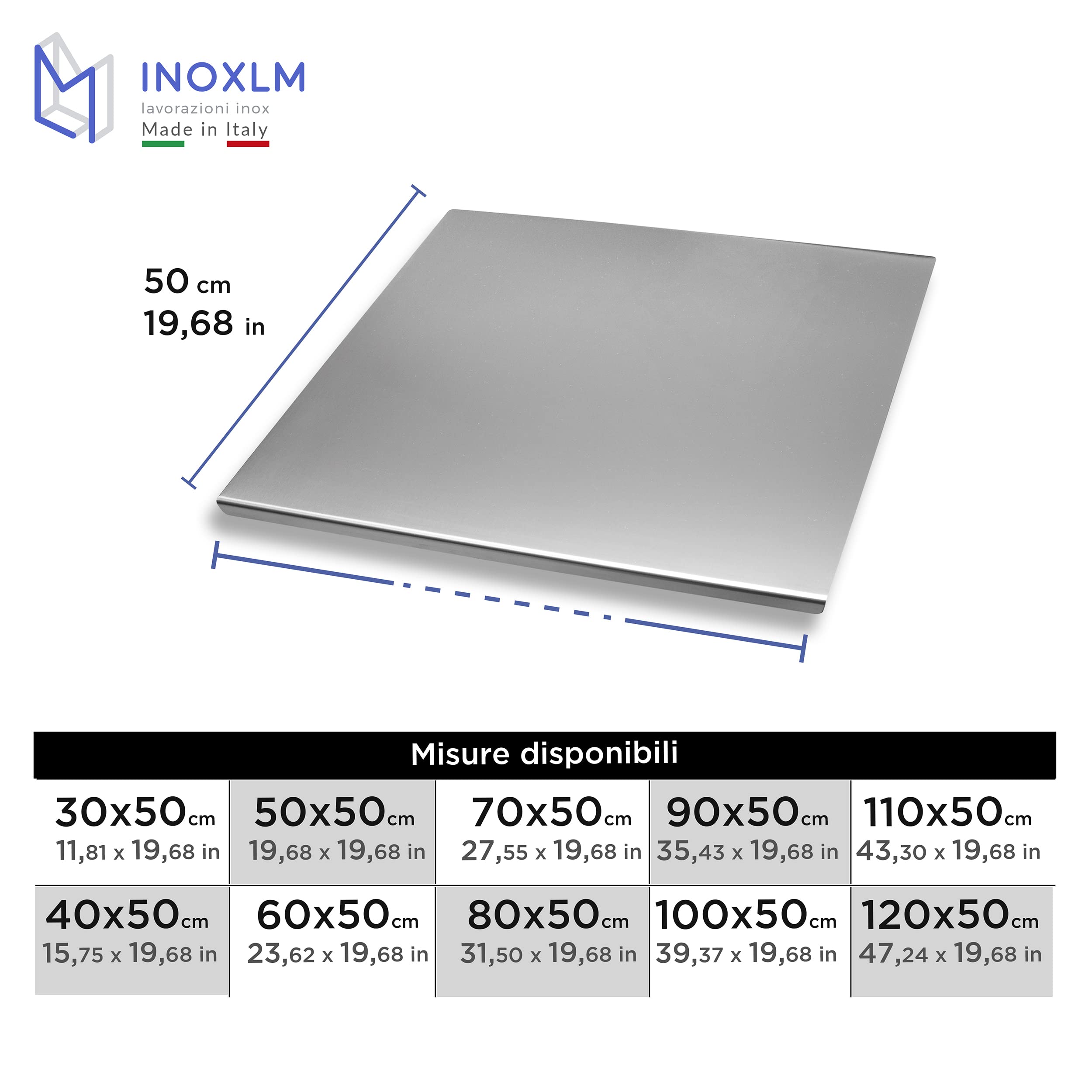 INOXLM Box 1 tablas de cortar 30 x 50 cm + espátula + rodillo funda de tela |Encimera de acero inoxidable, varios tamaños para cocina, bar, restaurante