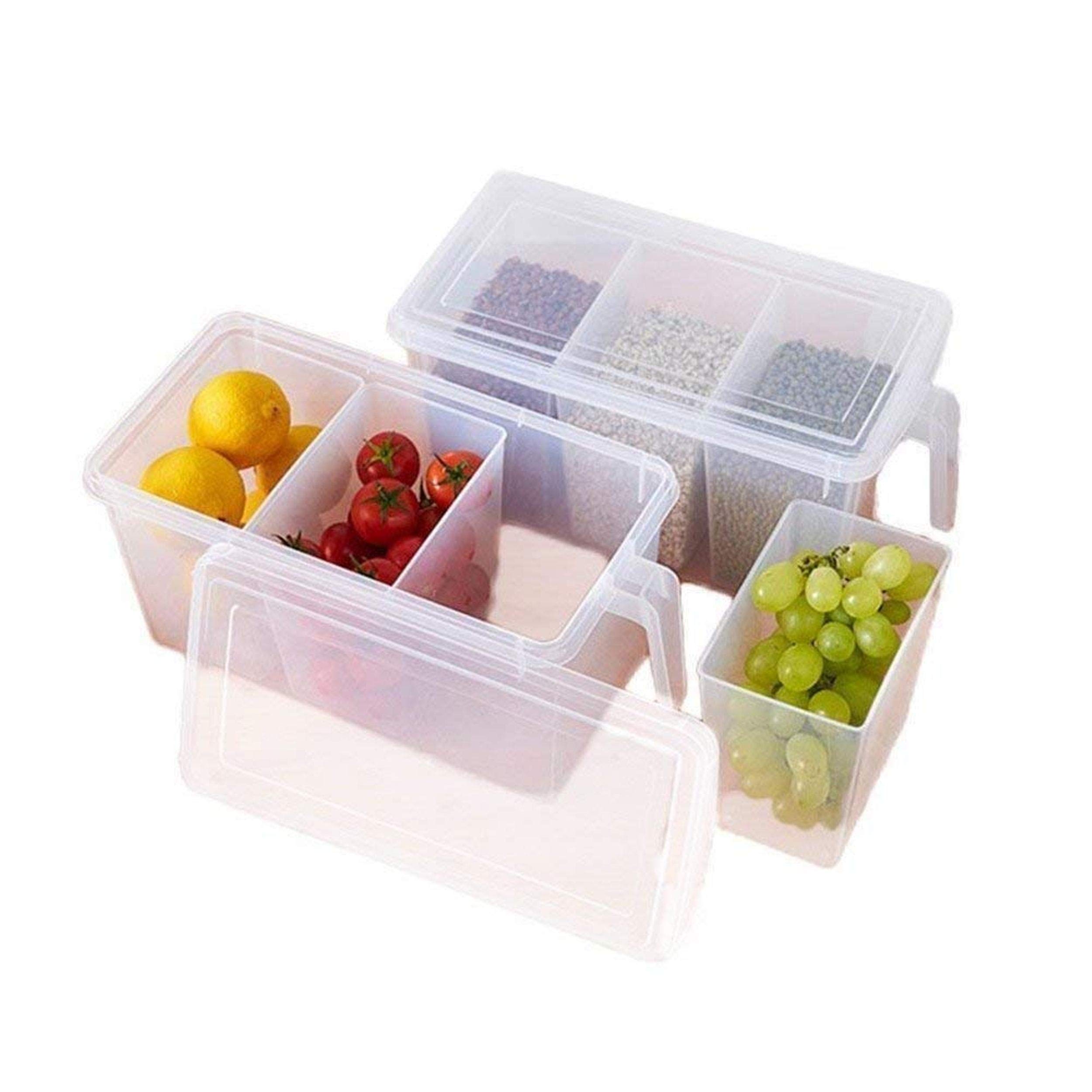 LEAWALL Plastic Pack Of 1 Refrigerator Organizer Container Square Handle Food Storage Organizer Boxes- Clear With Lid, Handle And 3 Smaller Bins, Brown