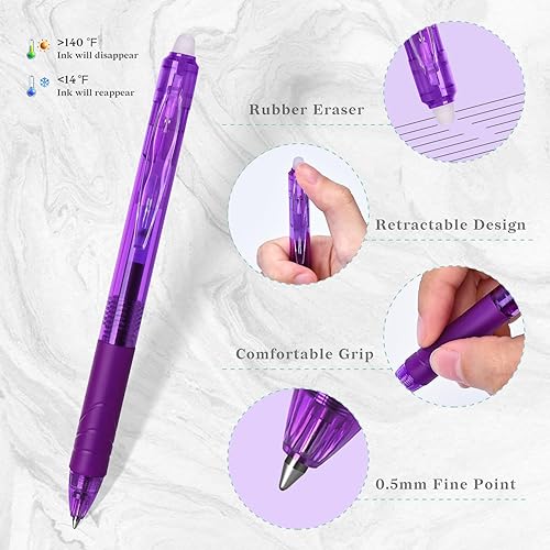 Miniatura 3 de Temiary 12 bolígrafos de gel borrables multicolor, fáciles de borrar, sin manchas, punta fina, colorido, escritura suave para tomar notas, tinta de