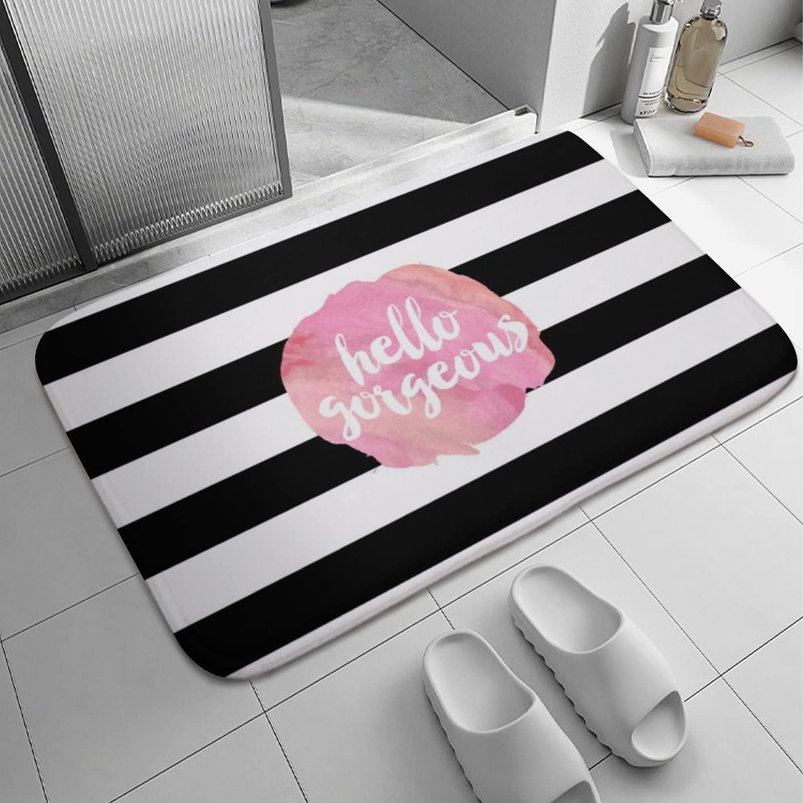 Hello Gorgeous Black Stripe Pink Watercolor Bath Mat Non-Slip Bathroom Rugs Soft Bath Rug for Bathroom Floor 17x30