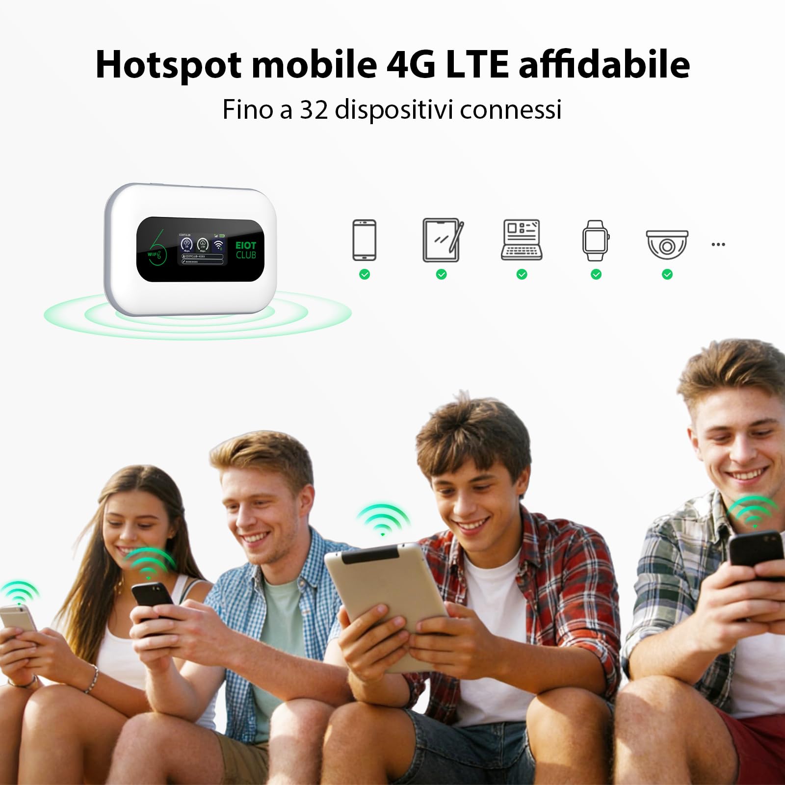 EIOTCLUB Router WiFi Mobile 4G LTE Senza Abbonamento, Con Carta SIM (Non Sostituibile), 1 GB Dati Europa, Batteria 3000mAh, Fino a 32 Dispositivi, WPA3, Pocket WiFi Portatile per Viaggi & Camping
