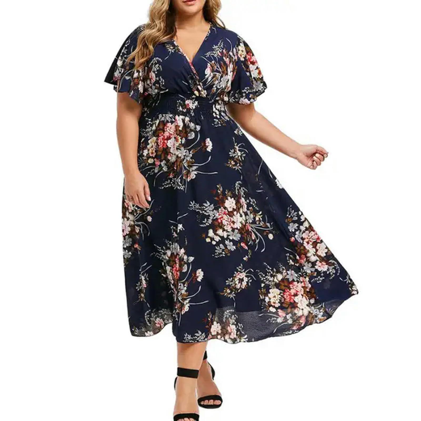 TEidea Vestiti Donna Donne Estive più di Dimensioni Floreali in Chiffon V Collo Corto A Maniche Corte-n-l