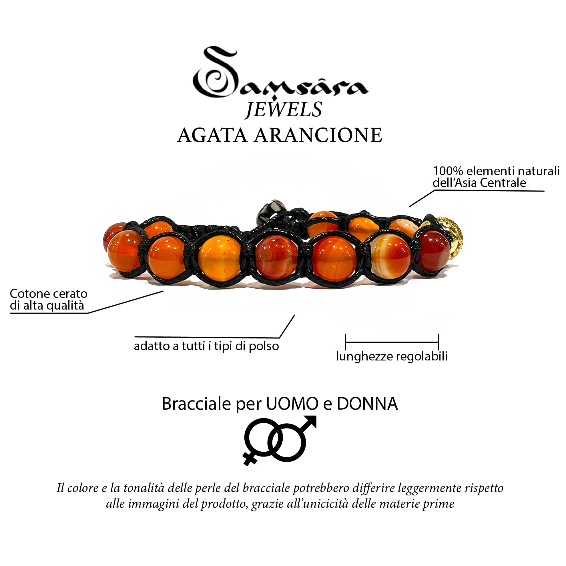 Samsara Bracciale Tibetano Buddista - Shamballa con Agata Arancione Striata - Filo in cotone cerato