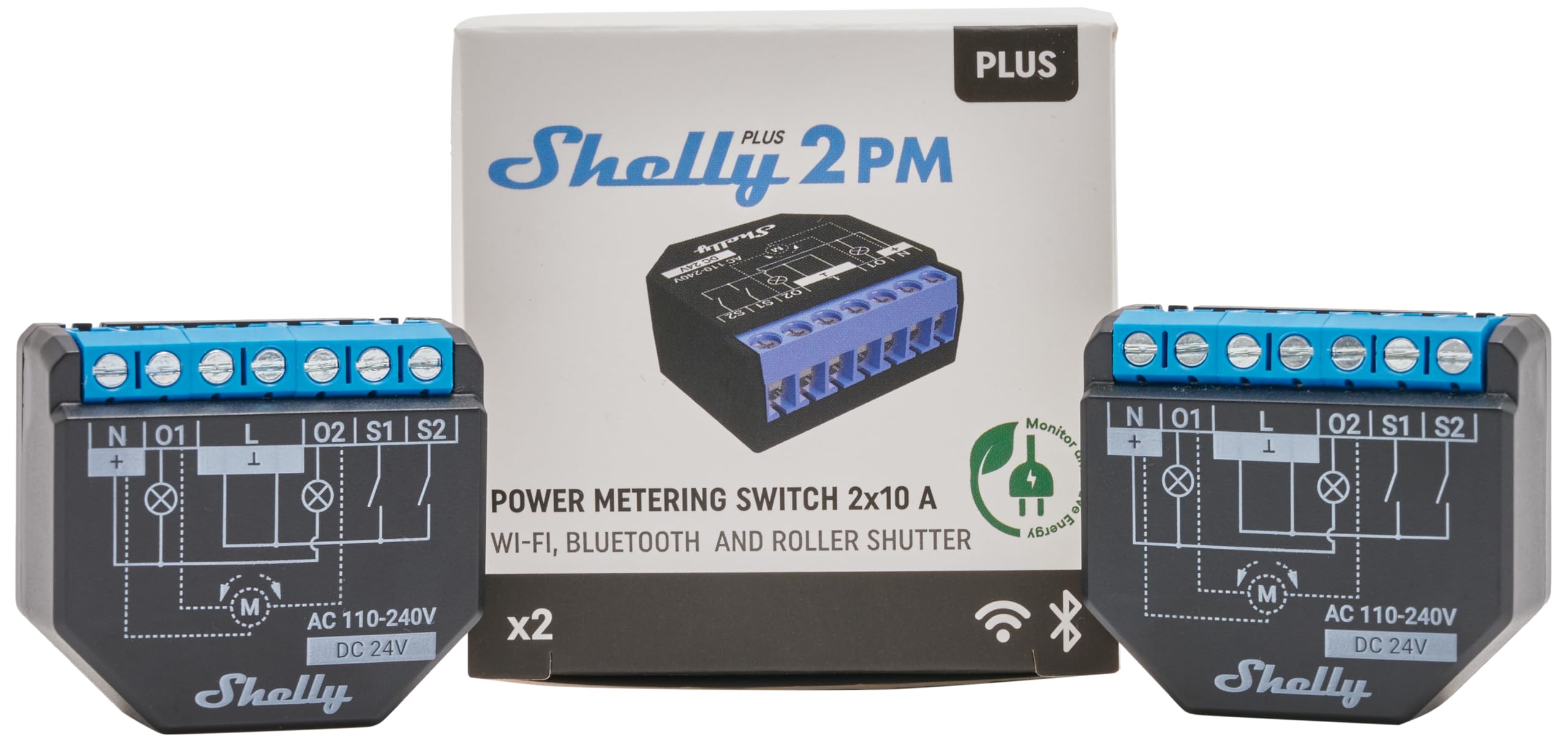 Shelly Plus 2PM (16A) - 2 Pack | WiFi & Bluetooth 2 Channels Smart Switch with Power Metering | Home Automation | Roller Shutter Remote Control | Alexa & Google Home Compatibility | iOS Android App