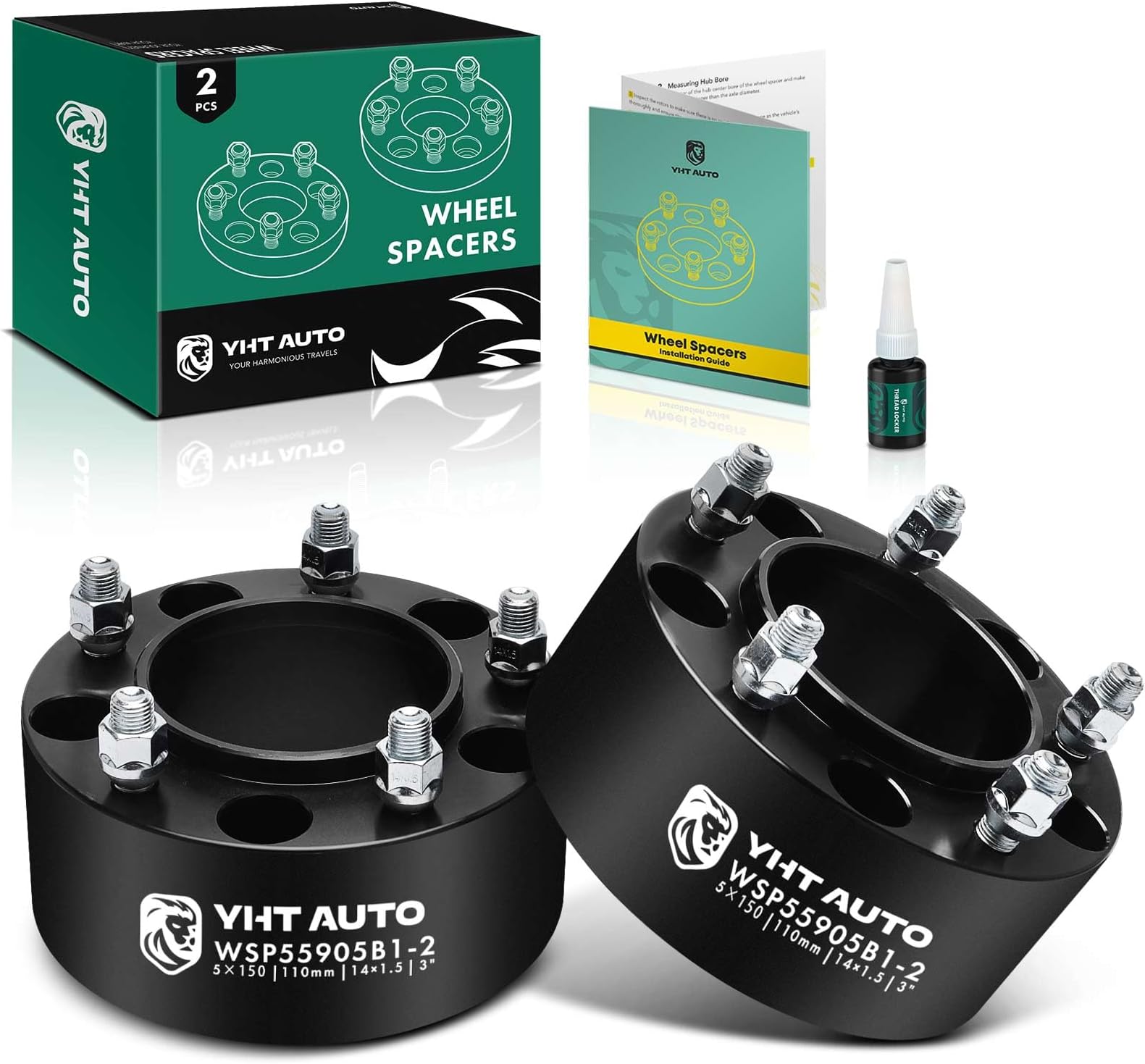 YHTAUTO 5x150mm Hub Centric Wheel Spacers 3 inch Fits Tundra 2007-2021, Sequoia 2008-2022, Land Cruiser 1998-2011 2013-2021, LX470, LX570 5 Lug Tire Spacers w/ M14x1.5 Studs, 110mm Hub Bore 2PCS Black