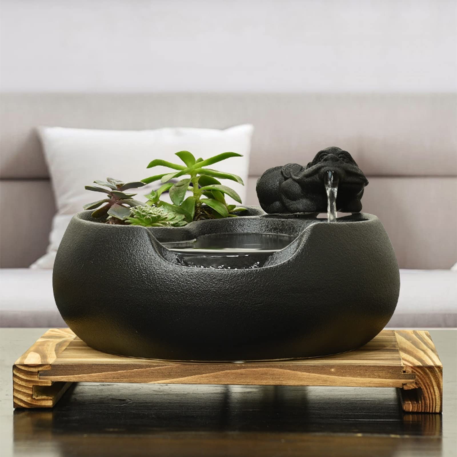 Fuente Decorativa de jardín, Fuente de Agua con Cascada, de cerámica, con Bomba de Agua, Feng Shui Zen, decoración para salón, Dormitorio, Oficina, 31 x 26 x 18 cm, Negro