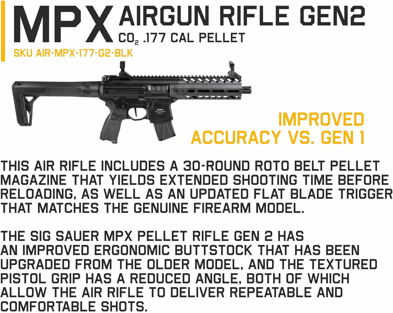 Sig Sauer MPX Air Rifle, MPX GEN 2, .177 Caliber Pellet, 30 Round, Semi-Automatic Black with Wearable4U 2x90gr CO2 Tanks and Pack of 500 Airgun Pellets Bundle