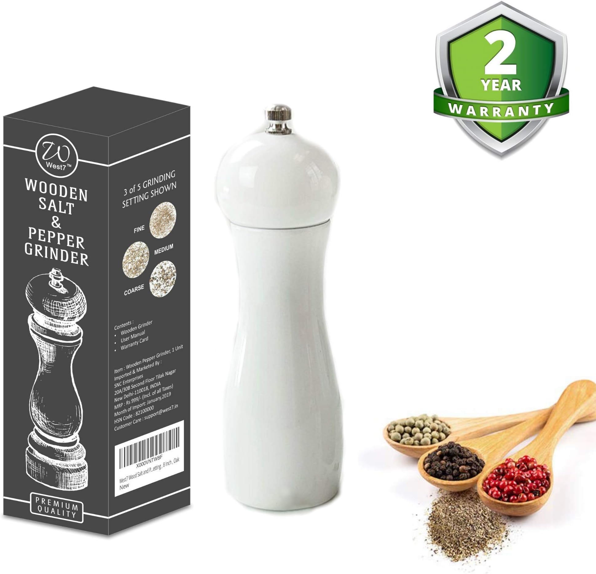 West7 Wood Salt and Pepper Grinder with Ceramic Crusher, Pepper Mill with Adjustable Coarseness Setting (White, 6 Inches)