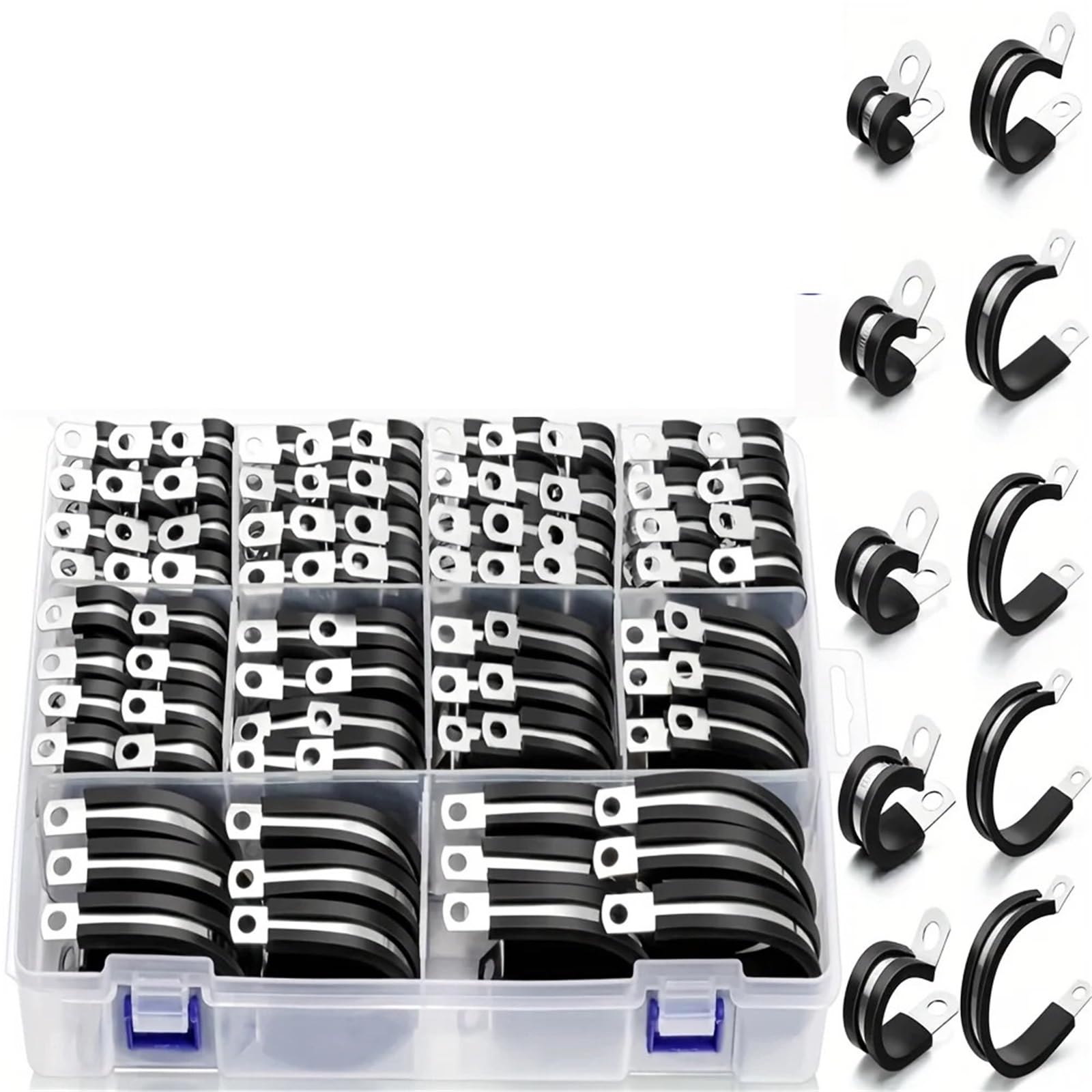 110Pcs Cable Clamp Assortment Kit Stainless Steel in 10 Sizes 1/4In 5/16In 3/8In 1/2In 5/8In 3/4In 1In 1-1/4In 1-1/2In 1-3/4In for Wire Rope(4set)
