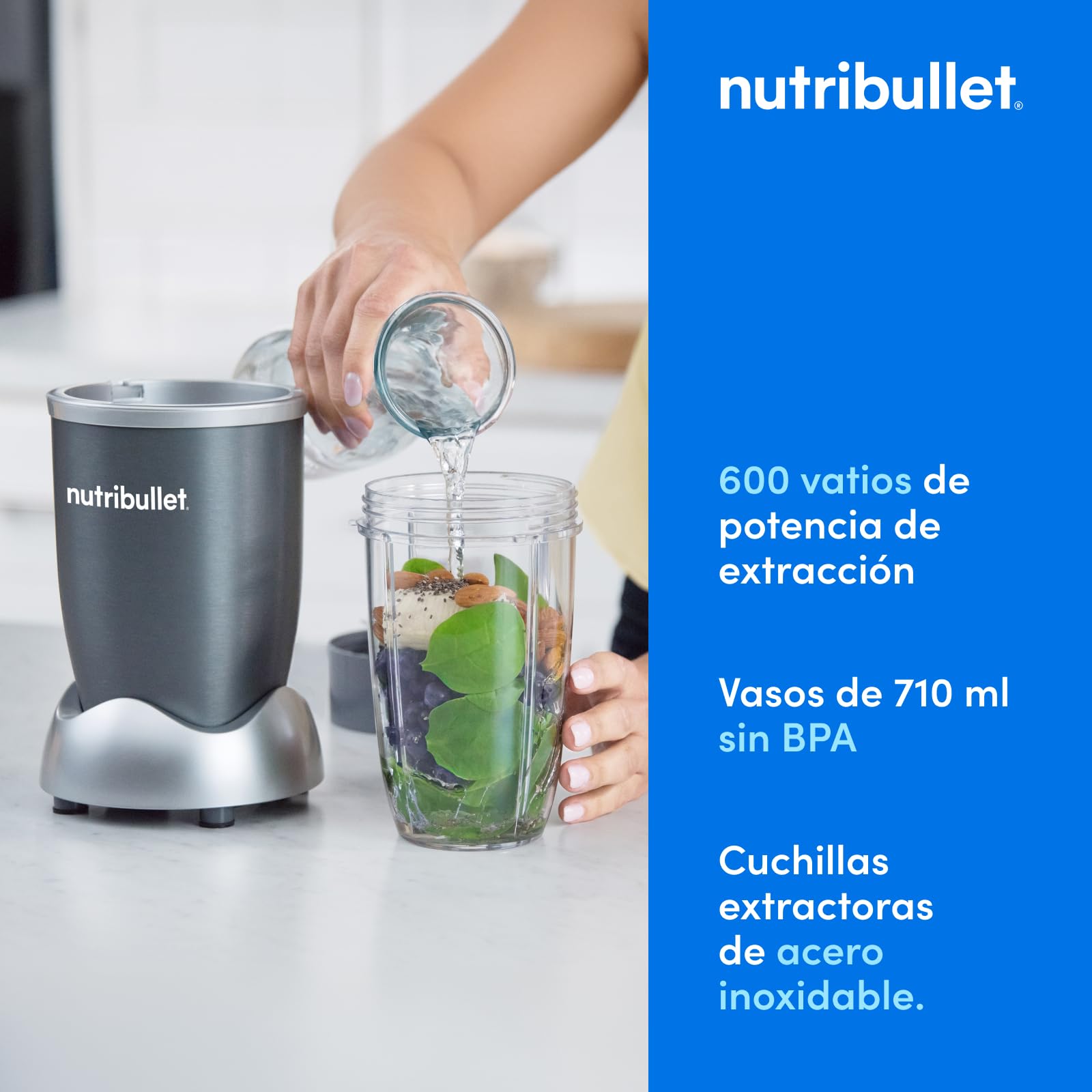nutribullet Original 600, batidora personal, batidora multifuncional y licuadora, 600 W de potencia, NB603DG, Paquete Básico